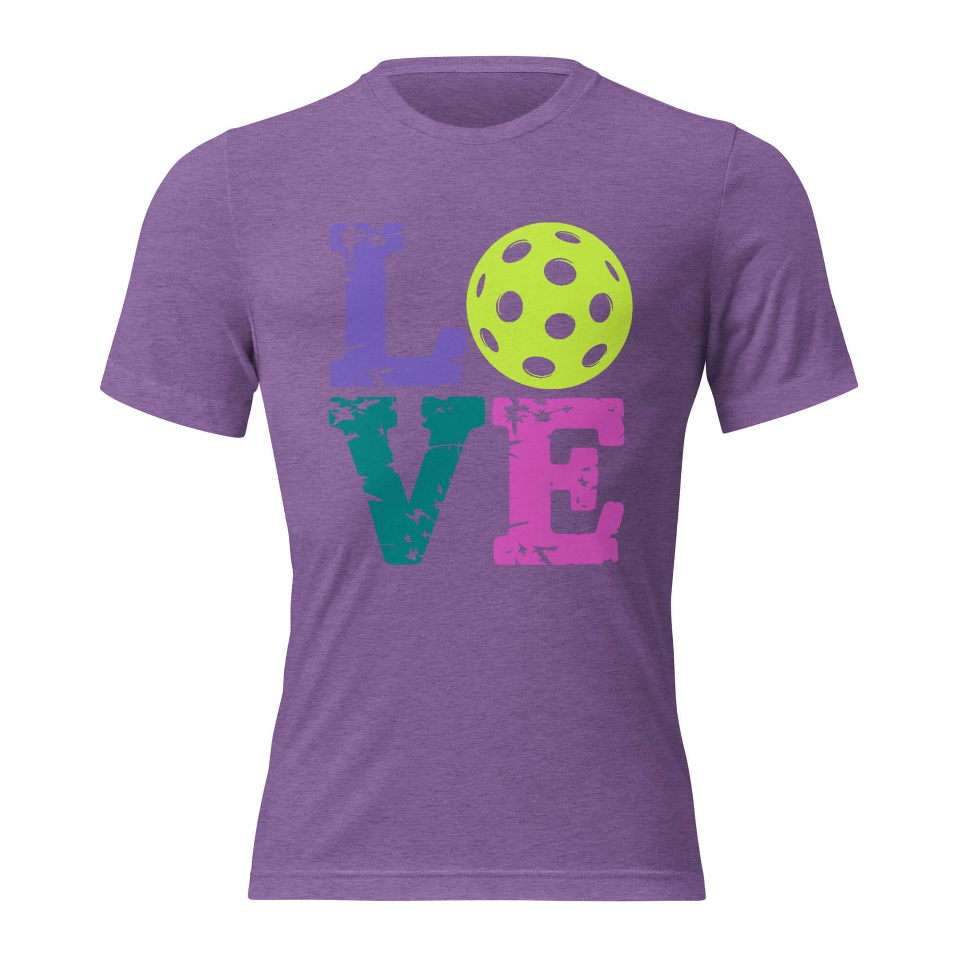 Purple short sleeve shirt with colorful 'LOVE' lettering and a pickleball graphic.