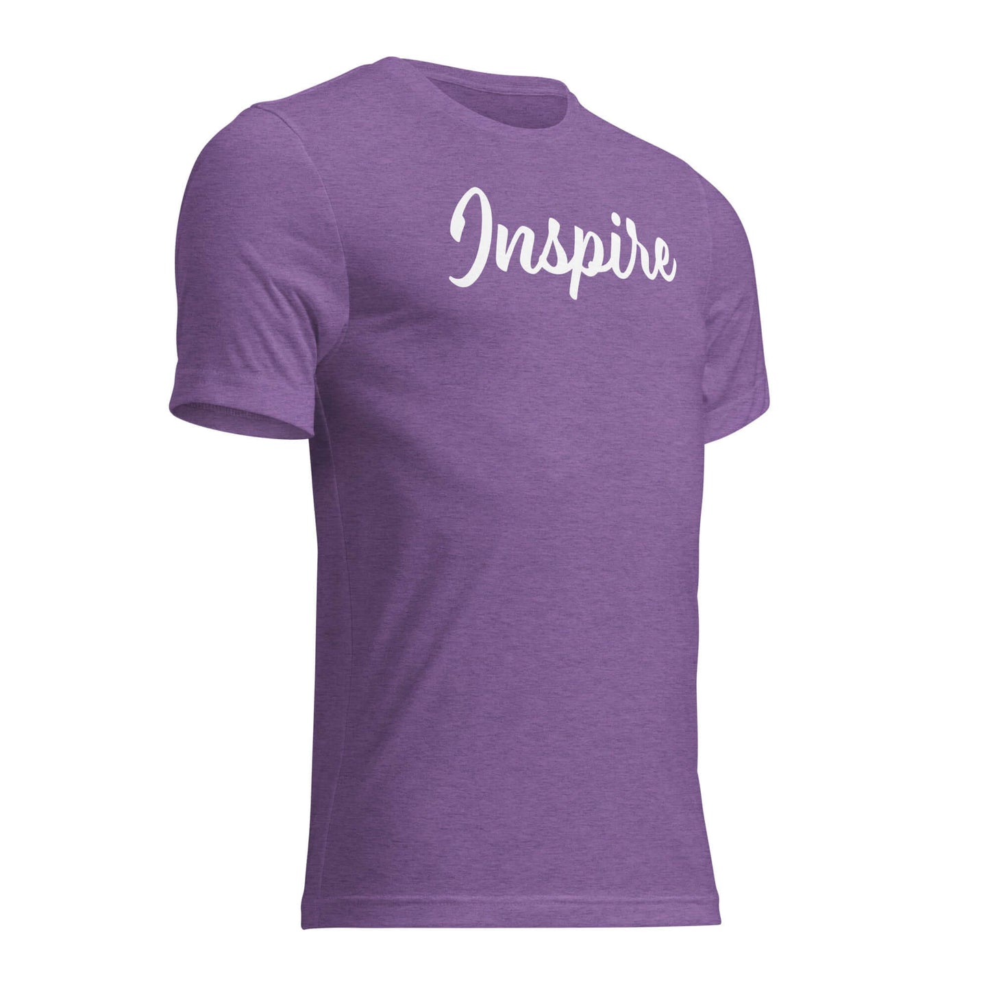 Women's purple 'Inspire' script T-shirt, designed for comfort and positivity, perfect for everyday wear.