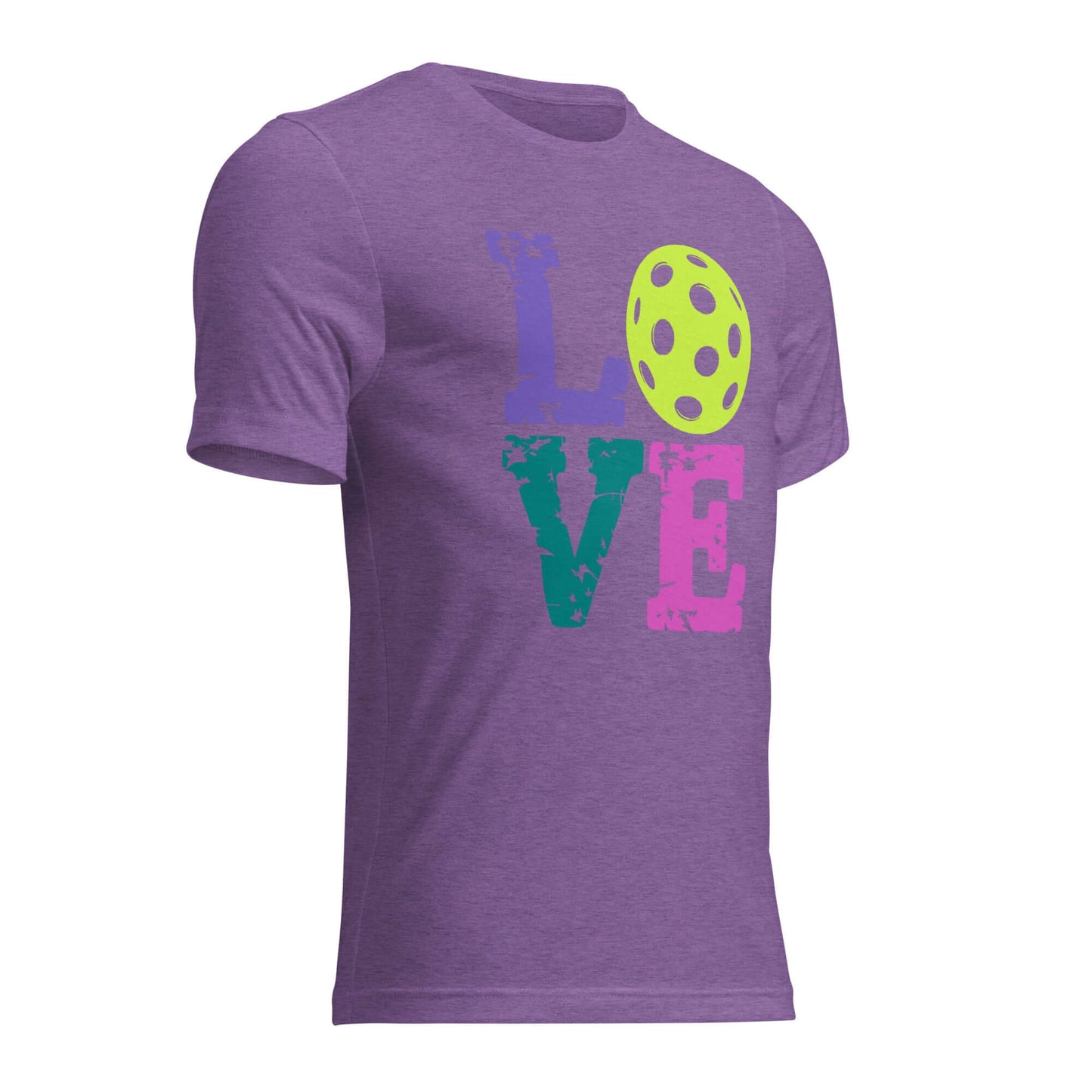 Purple short sleeve shirt with colorful 'LOVE' print and pickleball design.