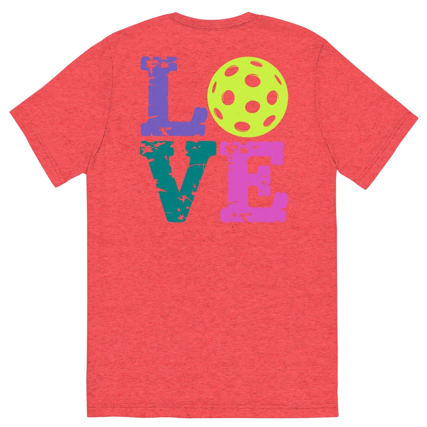 Back view of a coral short sleeve shirt featuring colorful 'LOVE' text and a yellow pickleball graphic.