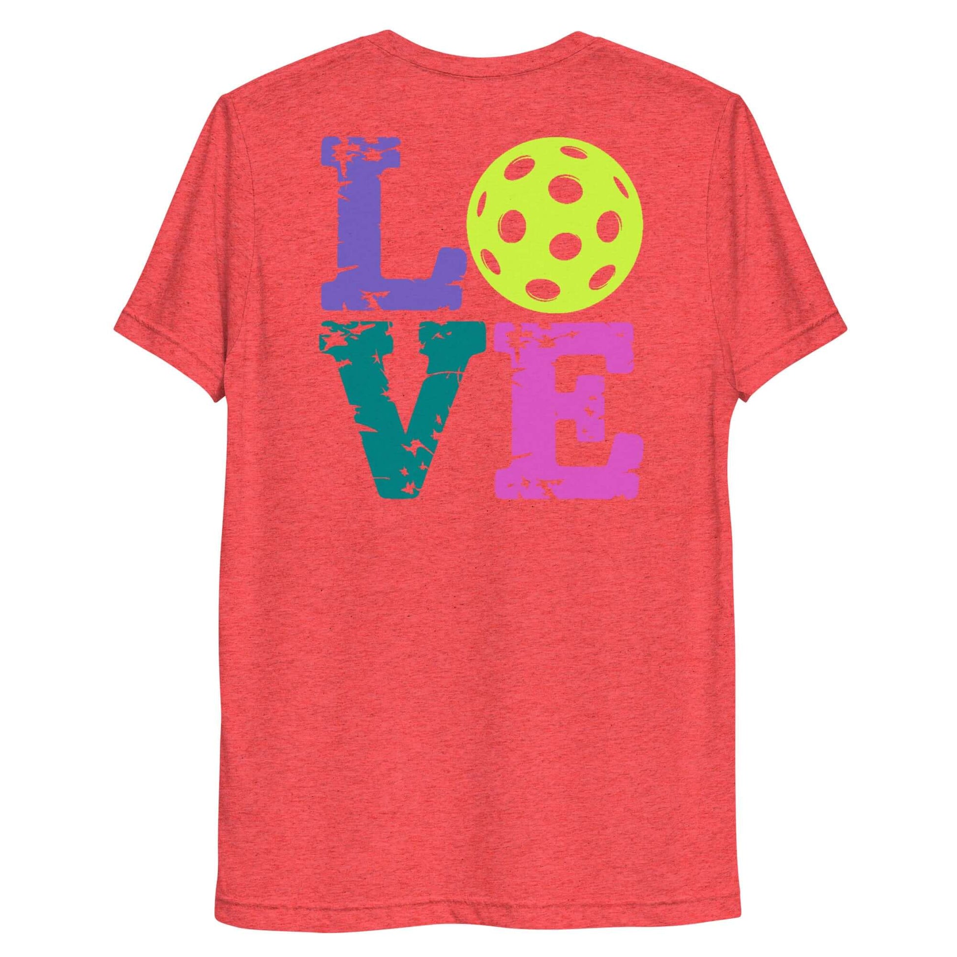 Back view of a red short sleeve shirt featuring colorful 'LOVE' text and a yellow pickleball.