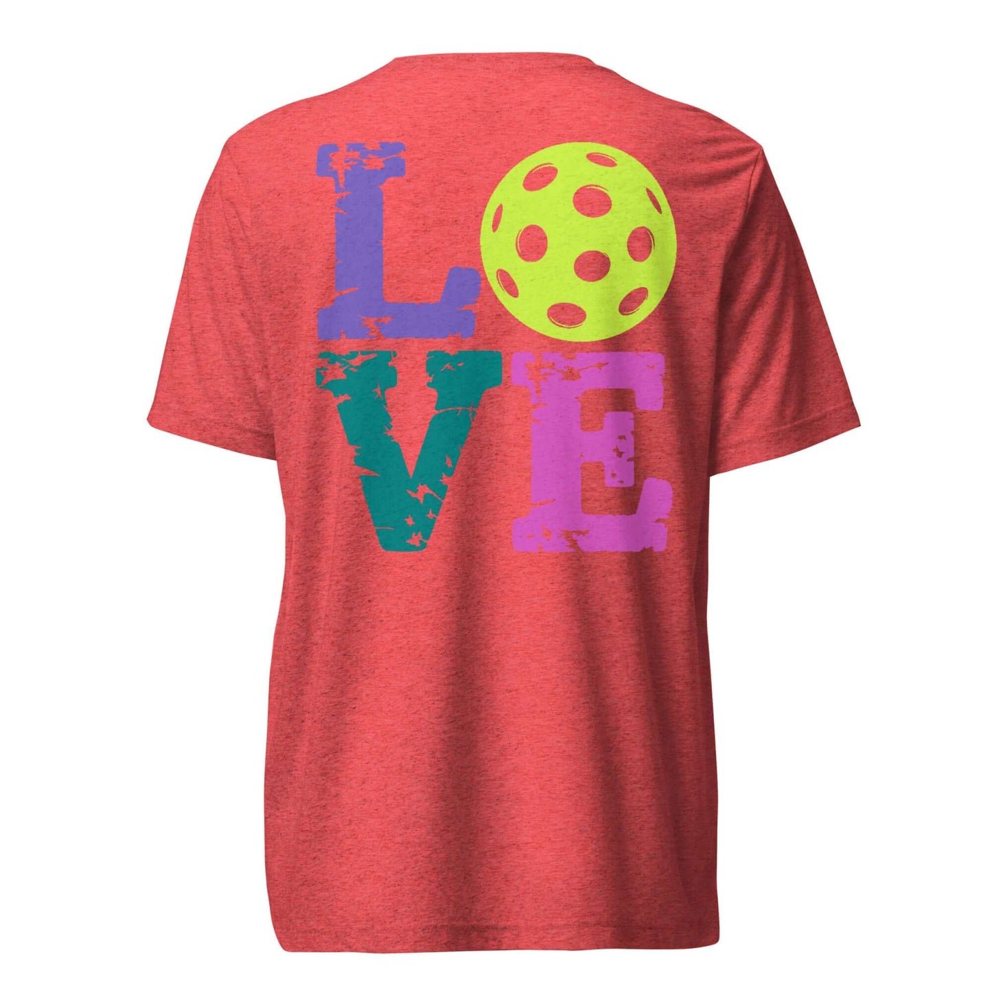 Back view of Women’s LOVE Pickleball Short Sleeve Shirt featuring vibrant colors and pickleball design.