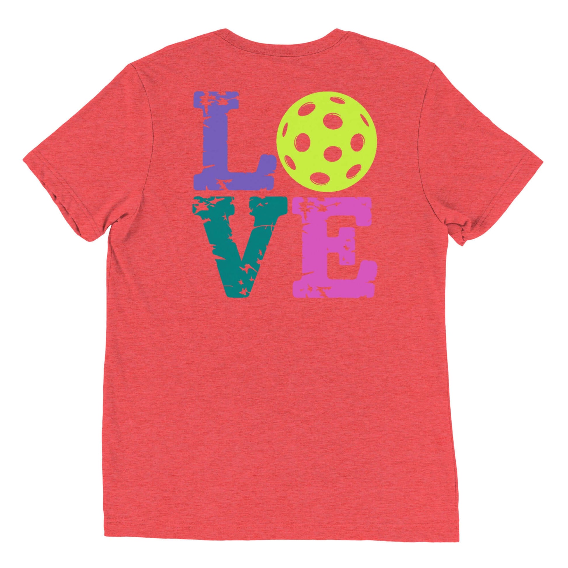 Back view of Women’s LOVE Pickleball Short Sleeve Shirt featuring colorful 'LOVE' design with a pickleball.