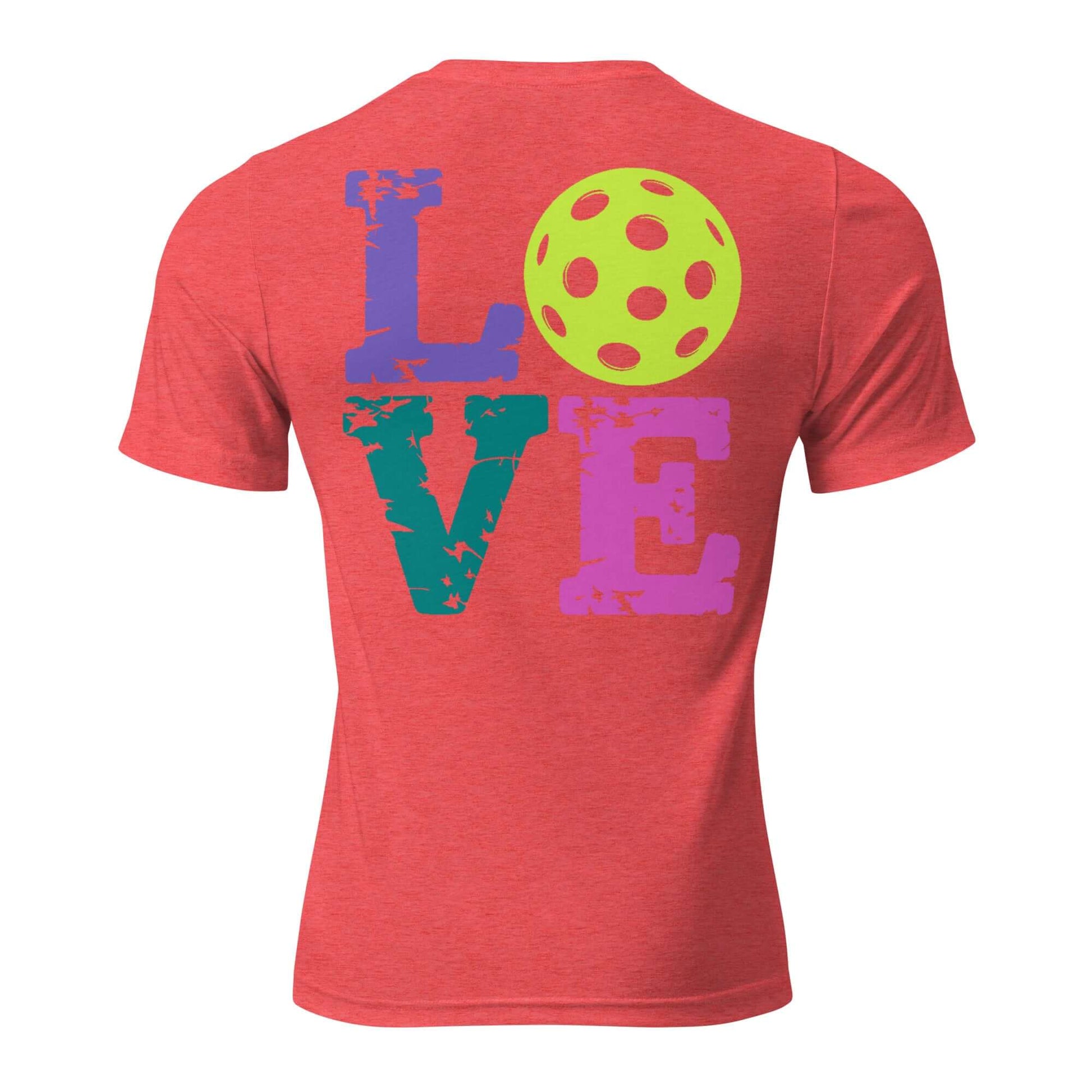 Back view of a Women's LOVE Pickleball Short Sleeve Shirt featuring bold colorful lettering and a pickleball design.