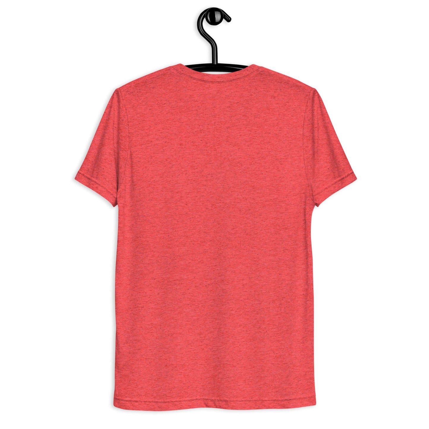 Back view of a women's LOVE Pickleball short sleeve shirt in red, hanging on a black hook.