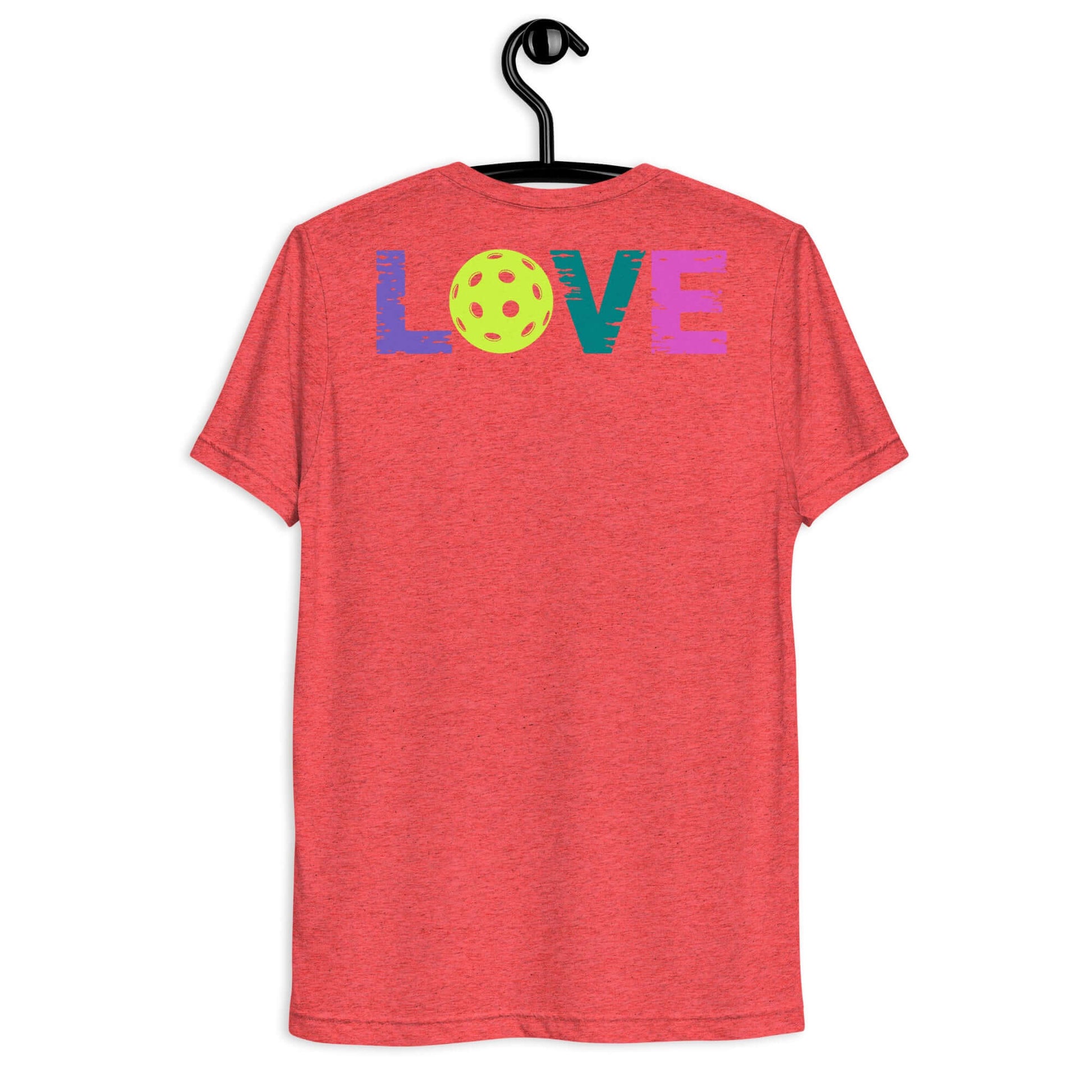 Back view of Women's LOVE Pickleball Short Sleeve Shirt in red with colorful 'LOVE' text and pickleball design.