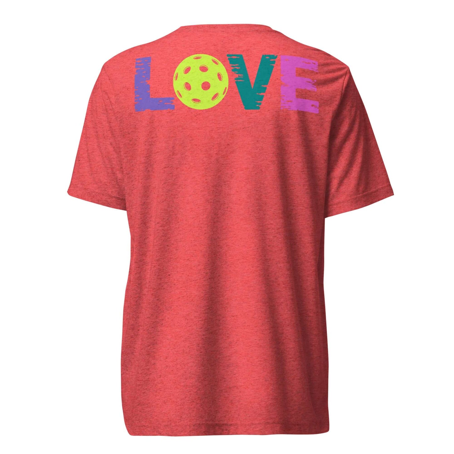 Back view of Women’s LOVE Pickleball Short Sleeve Shirt showcasing colorful 'LOVE' design and pickleball graphic.