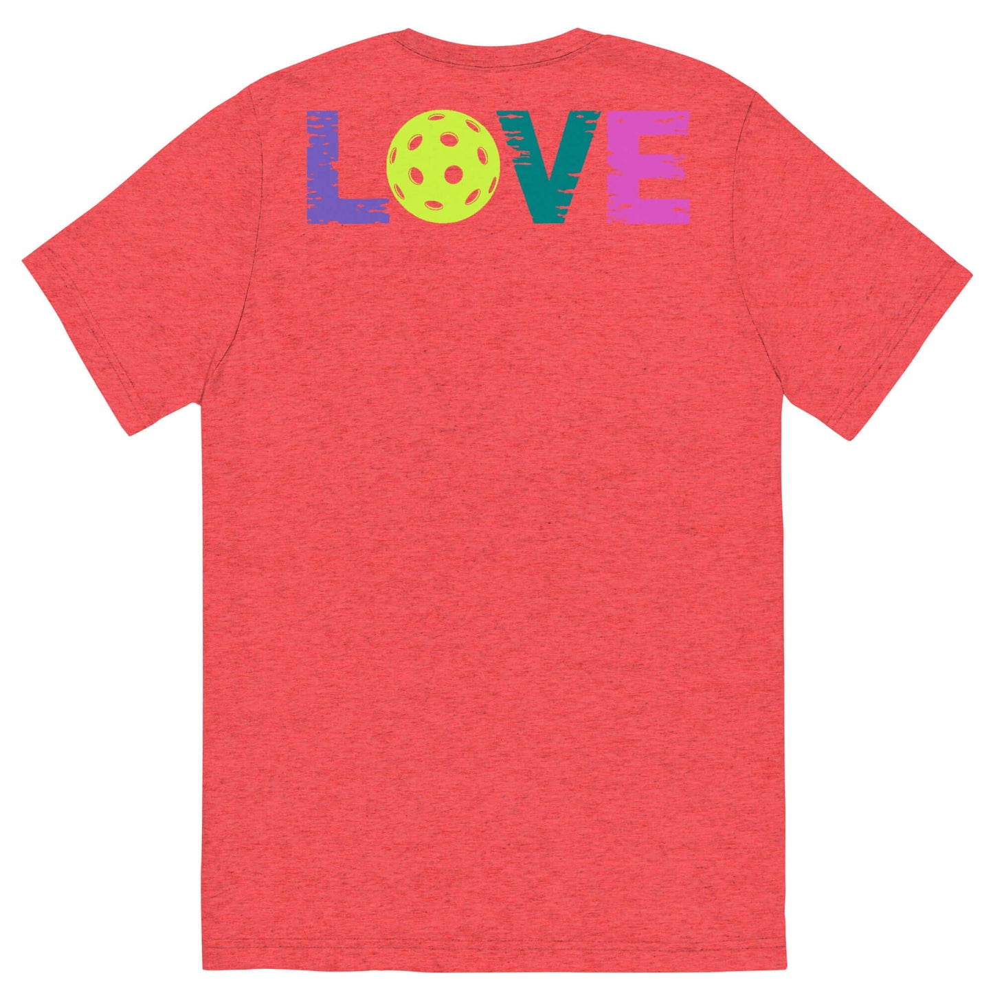 Back view of Women's LOVE Pickleball Short Sleeve Shirt featuring colorful 'LOVE' and pickleball graphic.