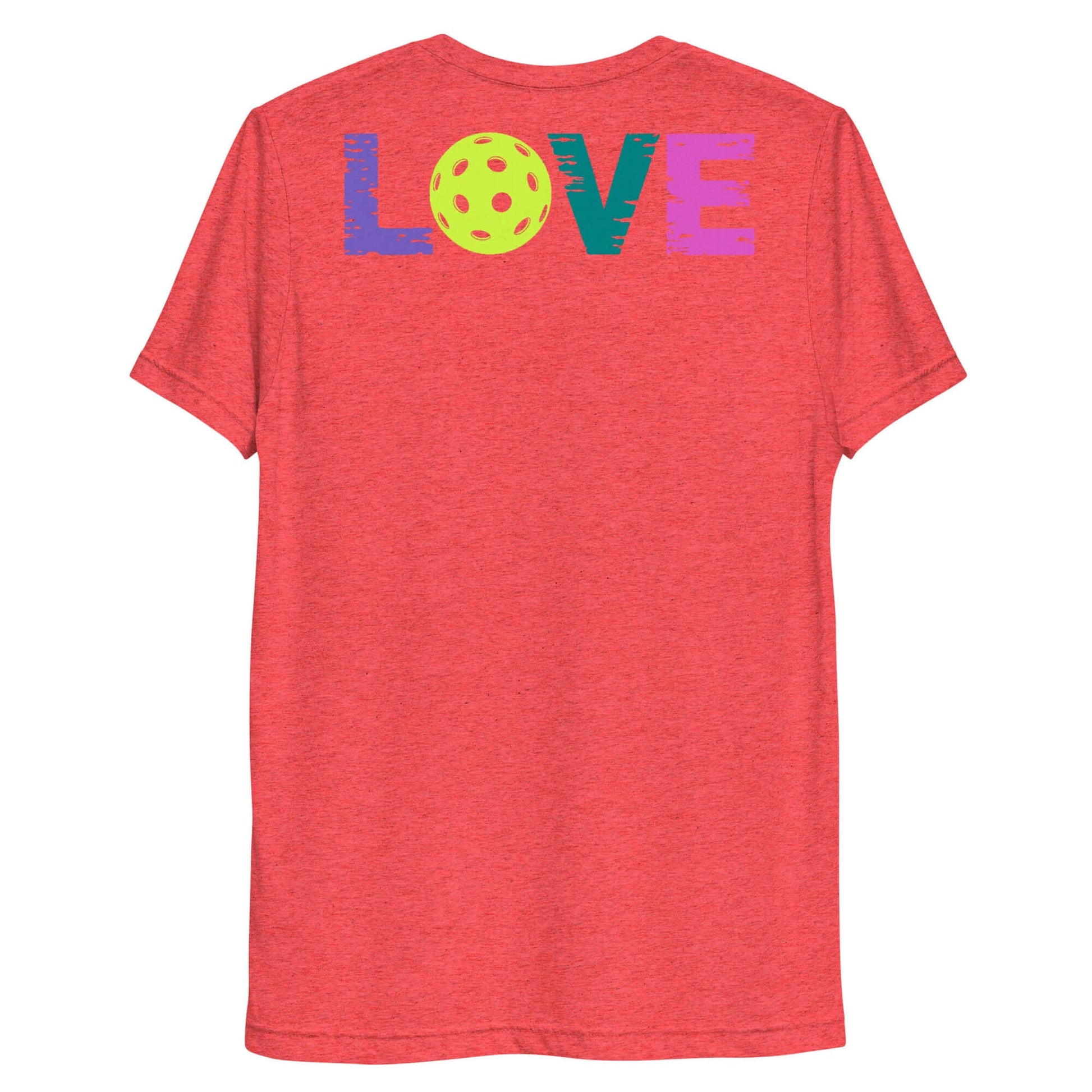 Back view of Women's LOVE Pickleball Short Sleeve Shirt with colorful 'LOVE' and pickleball graphic.