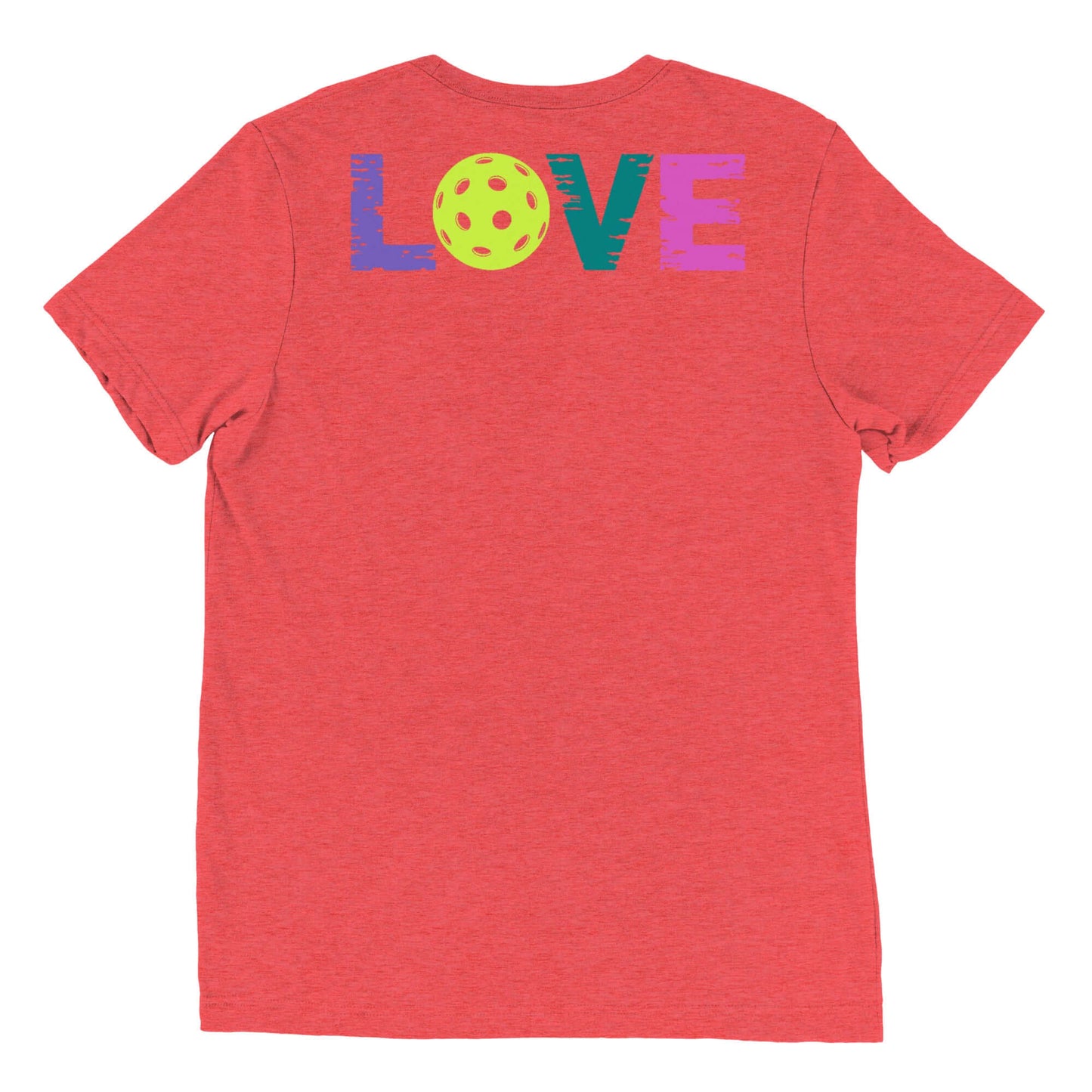 Back view of women's short sleeve shirt featuring colorful 'LOVE' text and a pickleball graphic.