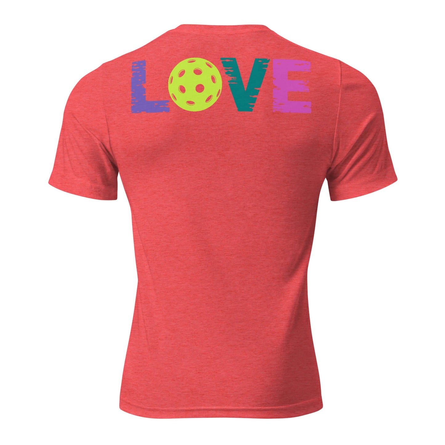 Back view of Women’s LOVE Pickleball Short Sleeve Shirt with colorful text and pickleball graphic.