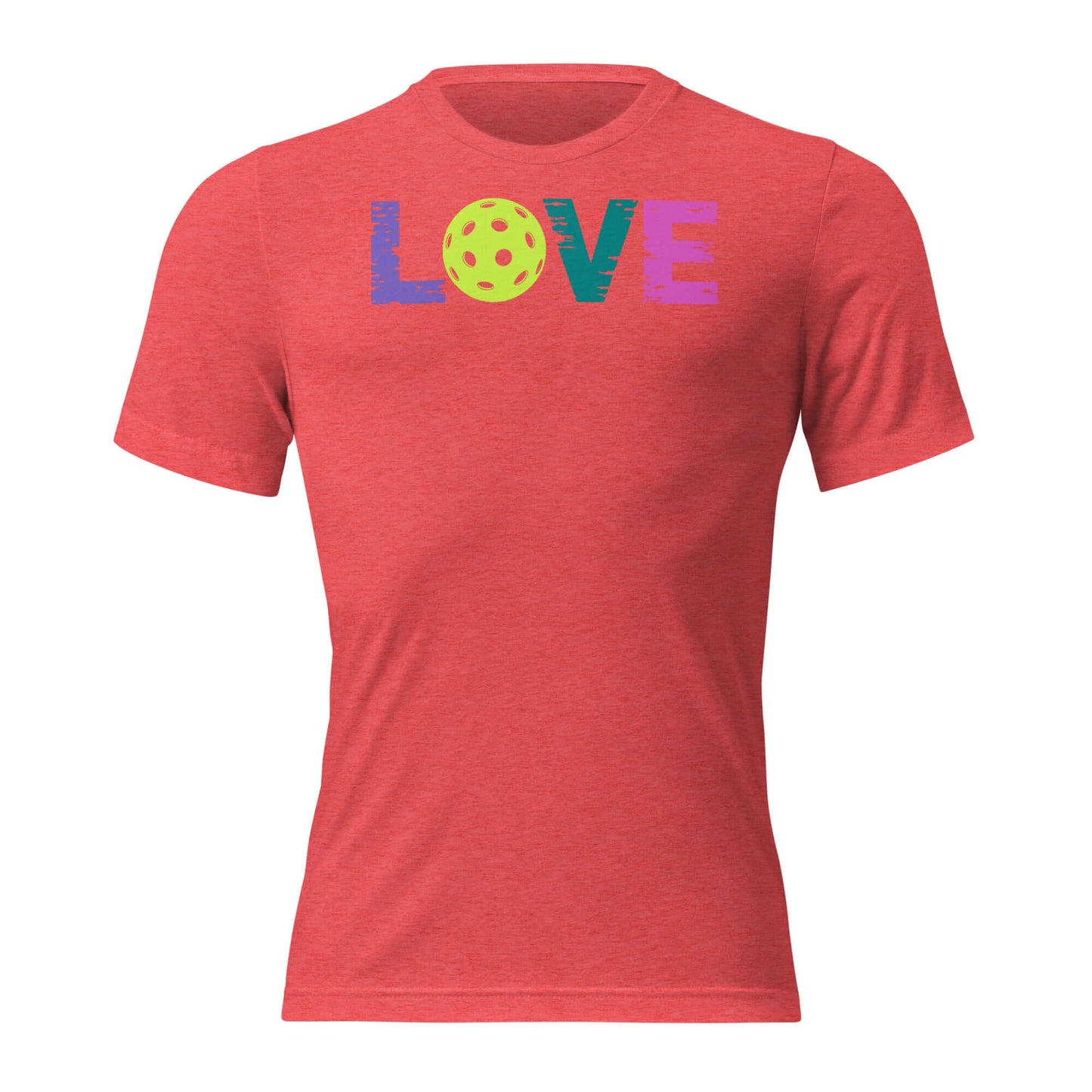 Women’s LOVE Pickleball Short Sleeve Shirt in red with colorful letters and a pickleball design, perfect for enthusiasts.