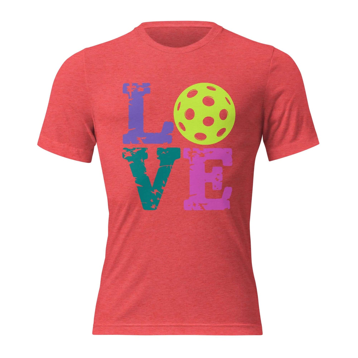 Women’s LOVE Pickleball Short Sleeve Shirt featuring colorful graphics and a playful pickleball design.