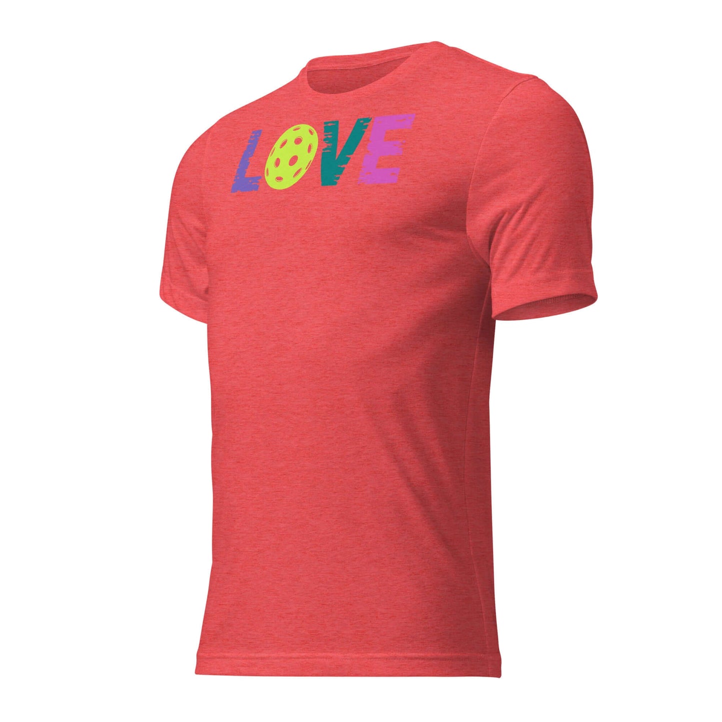 Women’s LOVE Pickleball Short Sleeve Shirt in red, featuring colorful 'LOVE' graphic and pickleball design.