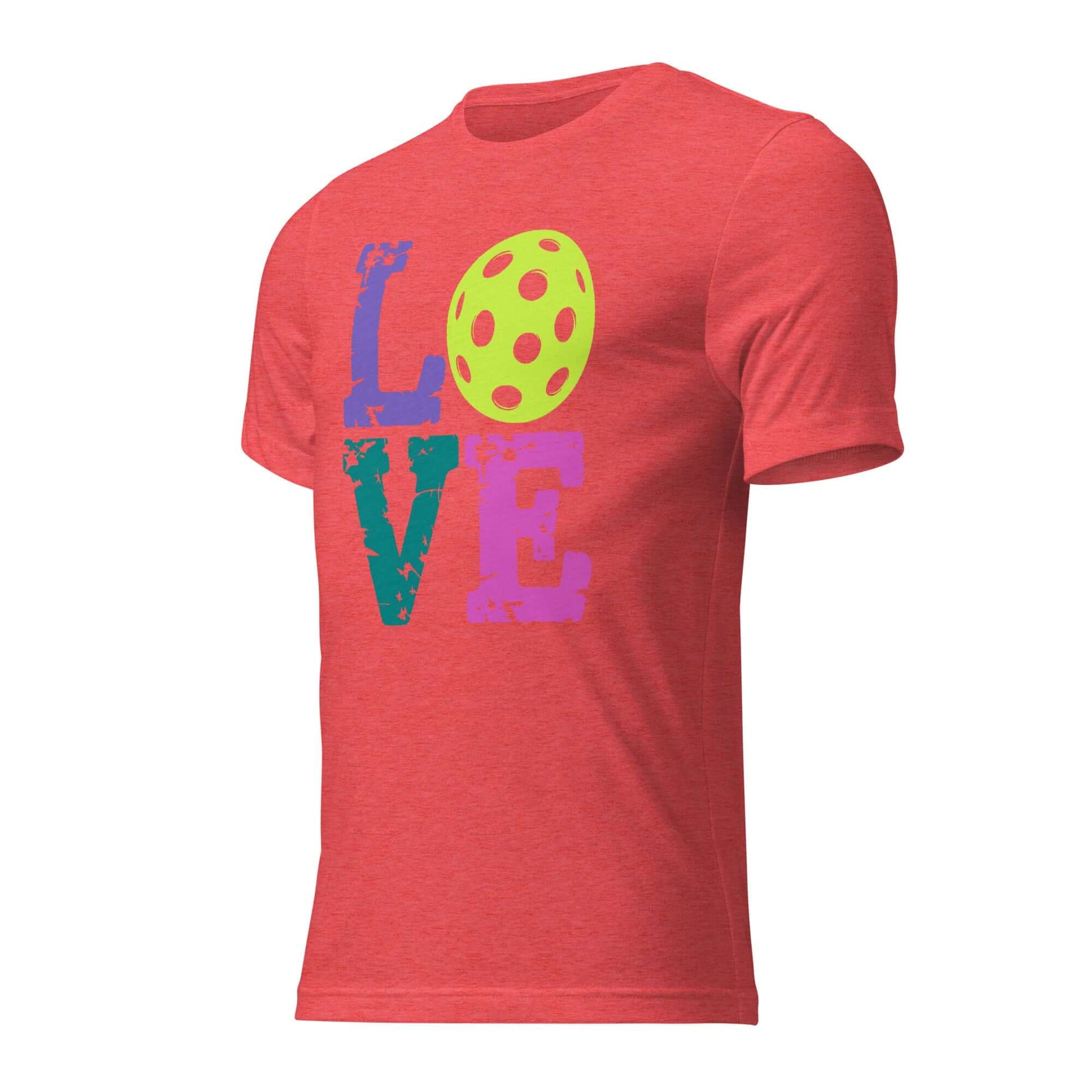 Women’s LOVE Pickleball Short Sleeve Shirt in red with colorful design, perfect for athletes and fans.