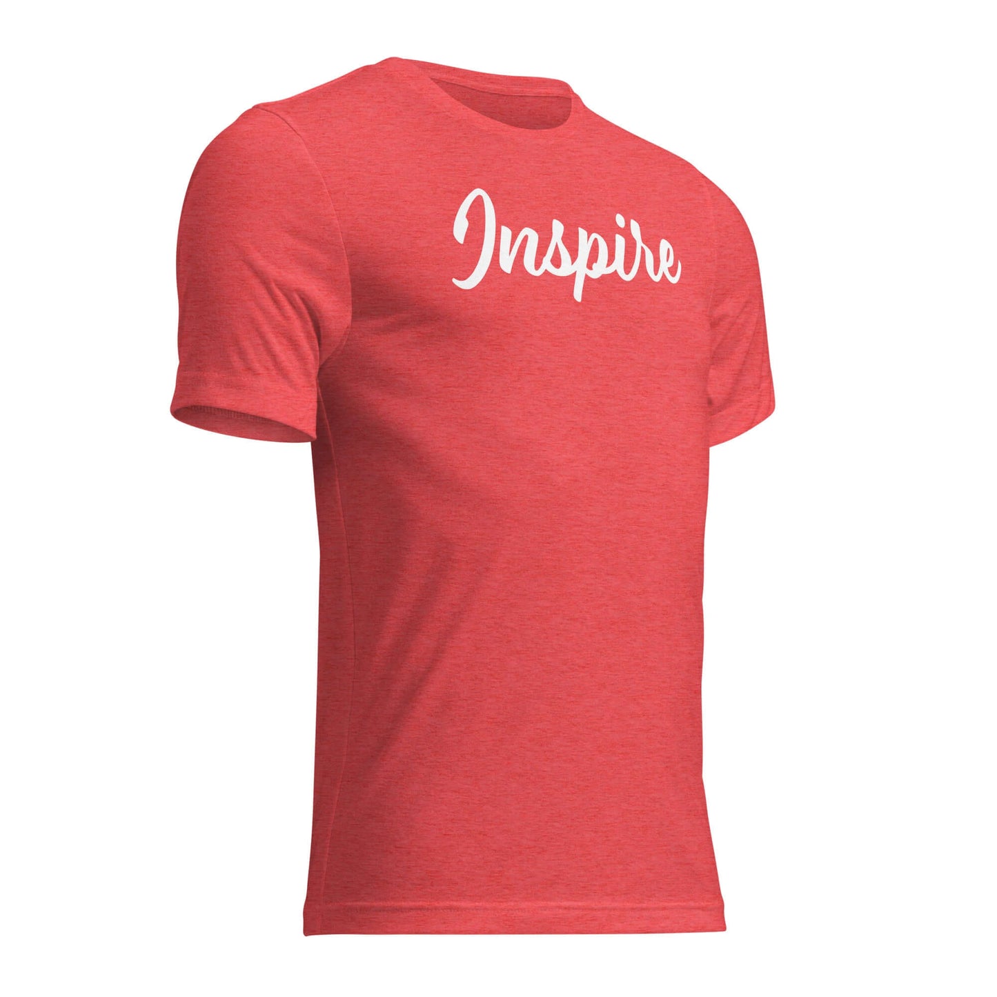 Women's red T-shirt featuring the word 'Inspire' in elegant script, embodying positivity and motivation.