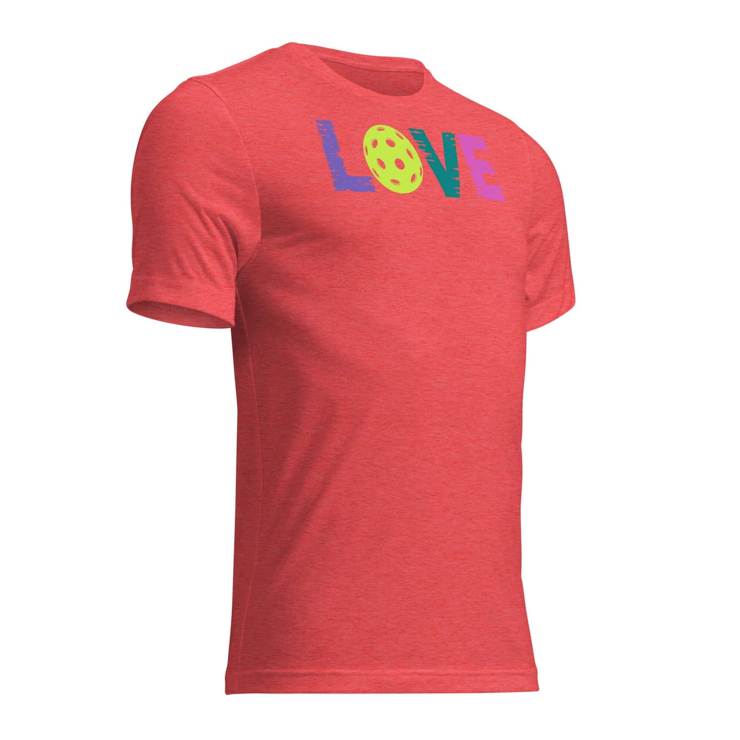 Women’s LOVE Pickleball Short Sleeve Shirt in red, featuring colorful 'LOVE' design, ideal for sporty style and comfort.