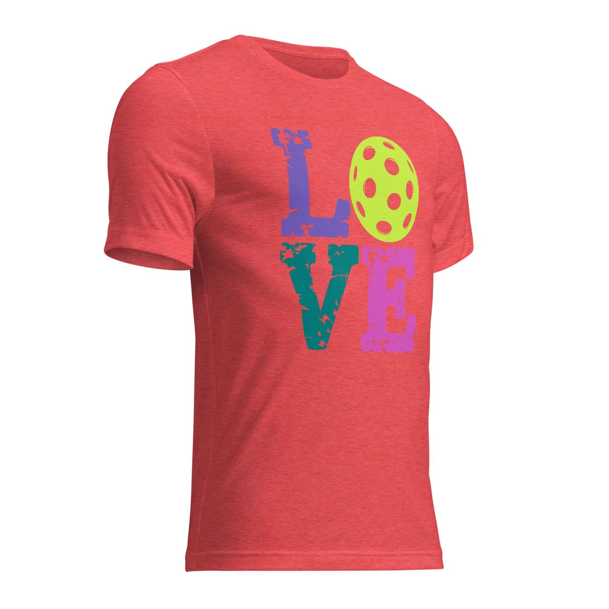 Women’s LOVE Pickleball Short Sleeve Shirt in red with colorful graphic design, perfect for pickleball enthusiasts.