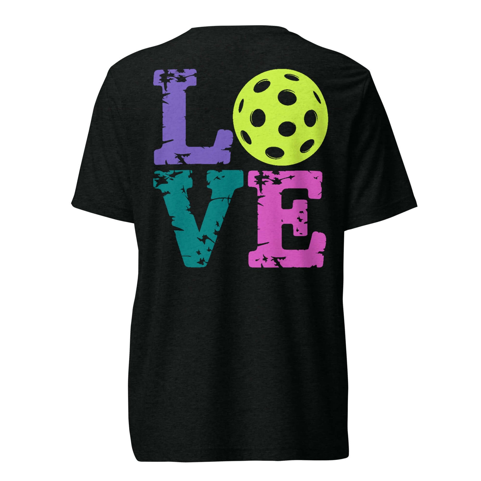 Back view of Women's LOVE Pickleball Short Sleeve Shirt featuring colorful 'LOVE' letters and a pickleball icon.