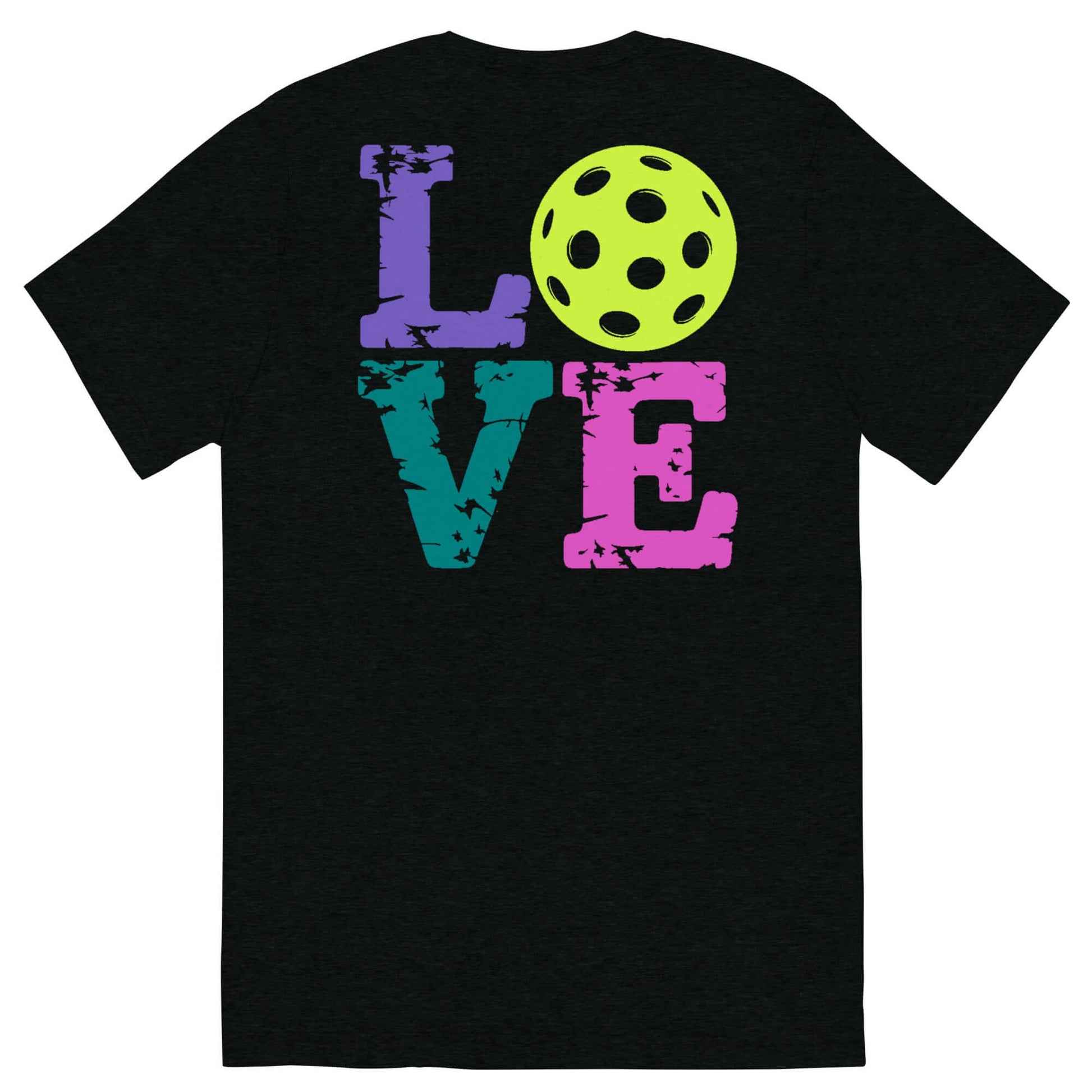 Back view of women's LOVE Pickleball shirt featuring vibrant lettering and a pickleball graphic.