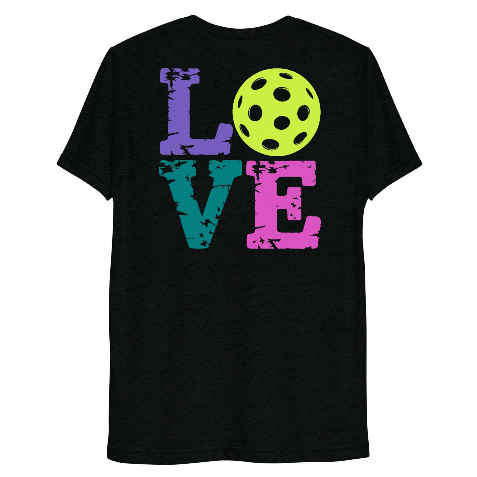 Back view of Women's LOVE Pickleball Short Sleeve Shirt featuring colorful 'LOVE' text and a pickleball graphic.