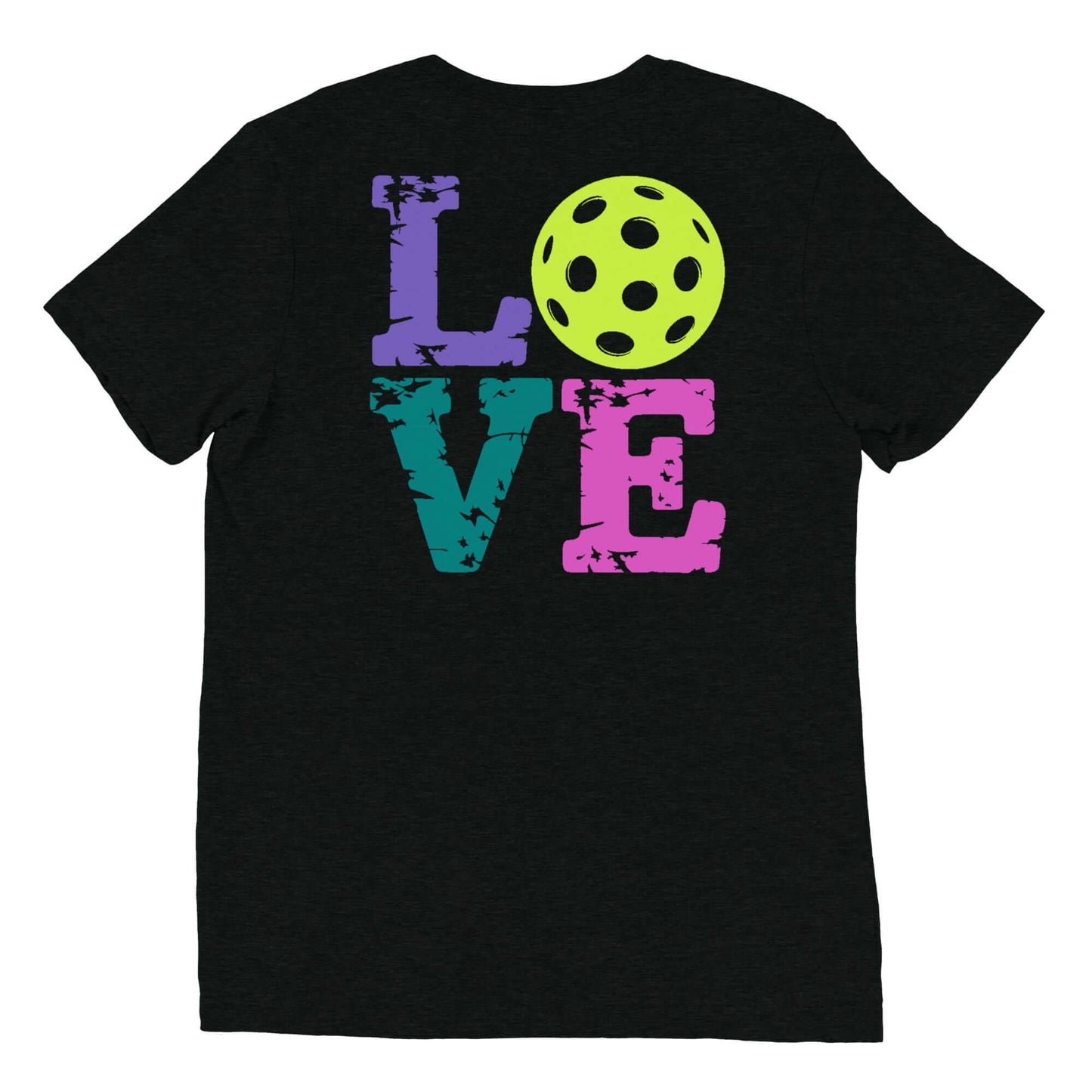 Back view of Women's LOVE Pickleball Short Sleeve Shirt with colorful text and pickleball graphic.