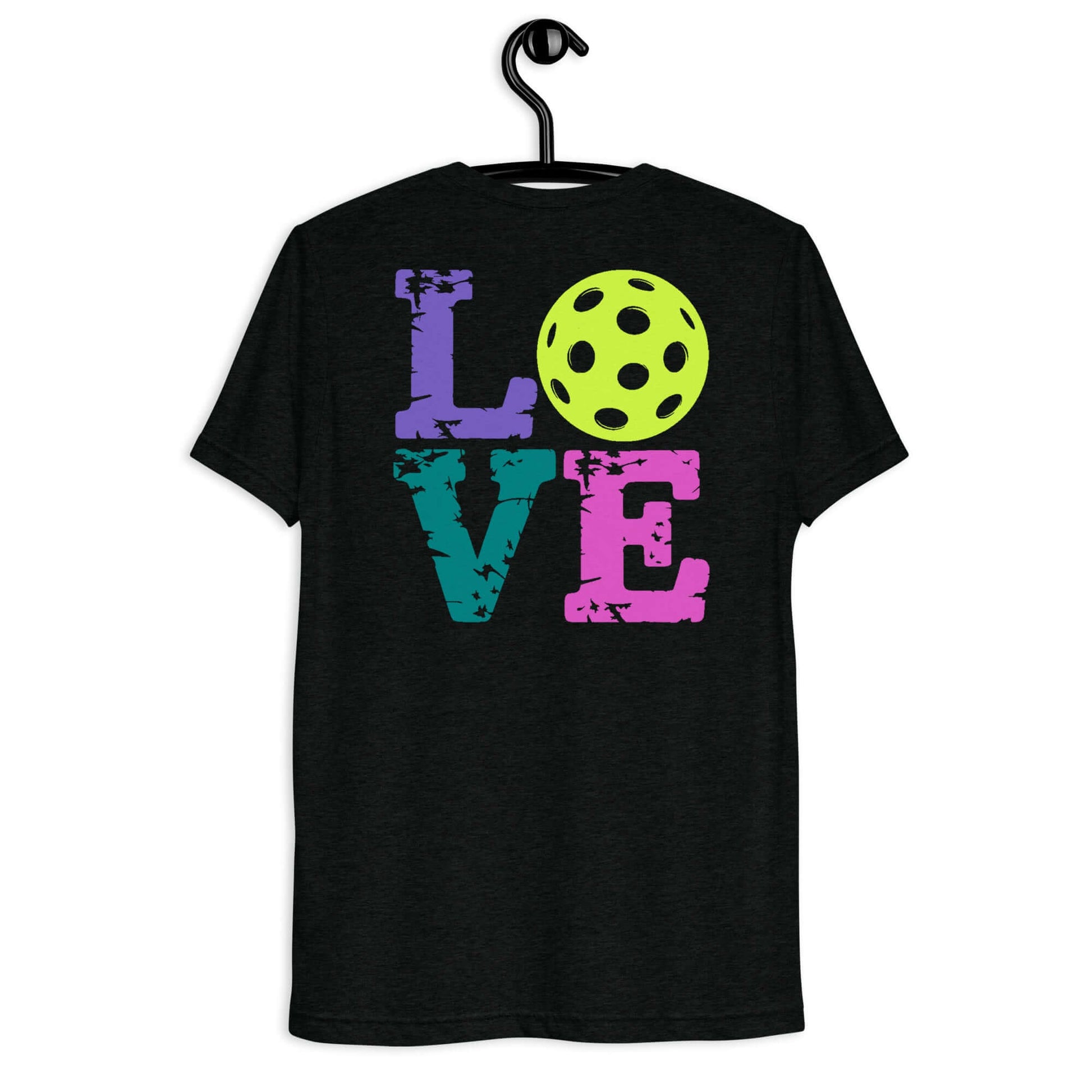 Back view of Women’s LOVE Pickleball Short Sleeve Shirt featuring colorful graphics and a pickleball design.