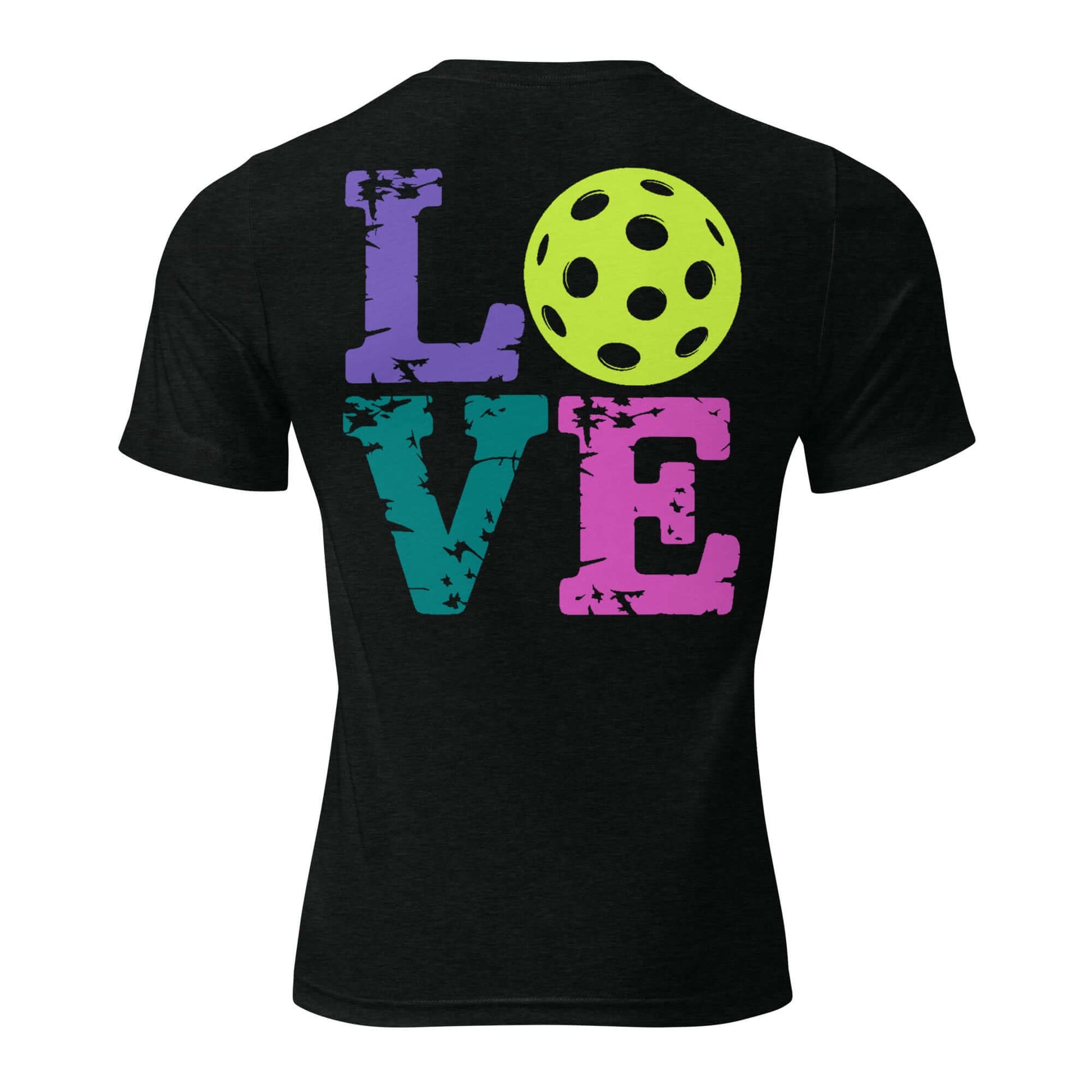 Back view of Women's LOVE Pickleball Short Sleeve Shirt featuring colorful text and a pickleball design.