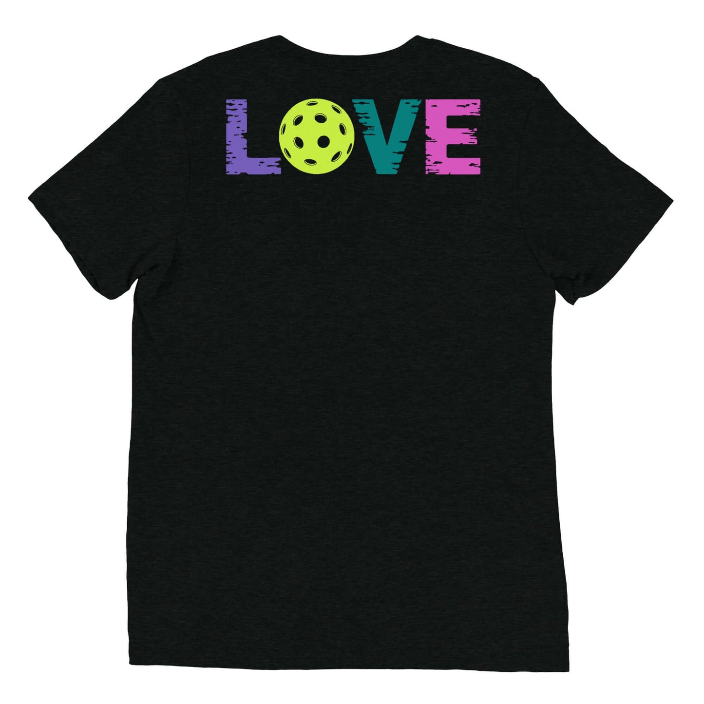 Back view of Women’s LOVE Pickleball Short Sleeve Shirt featuring colorful 'LOVE' text and a pickleball graphic.