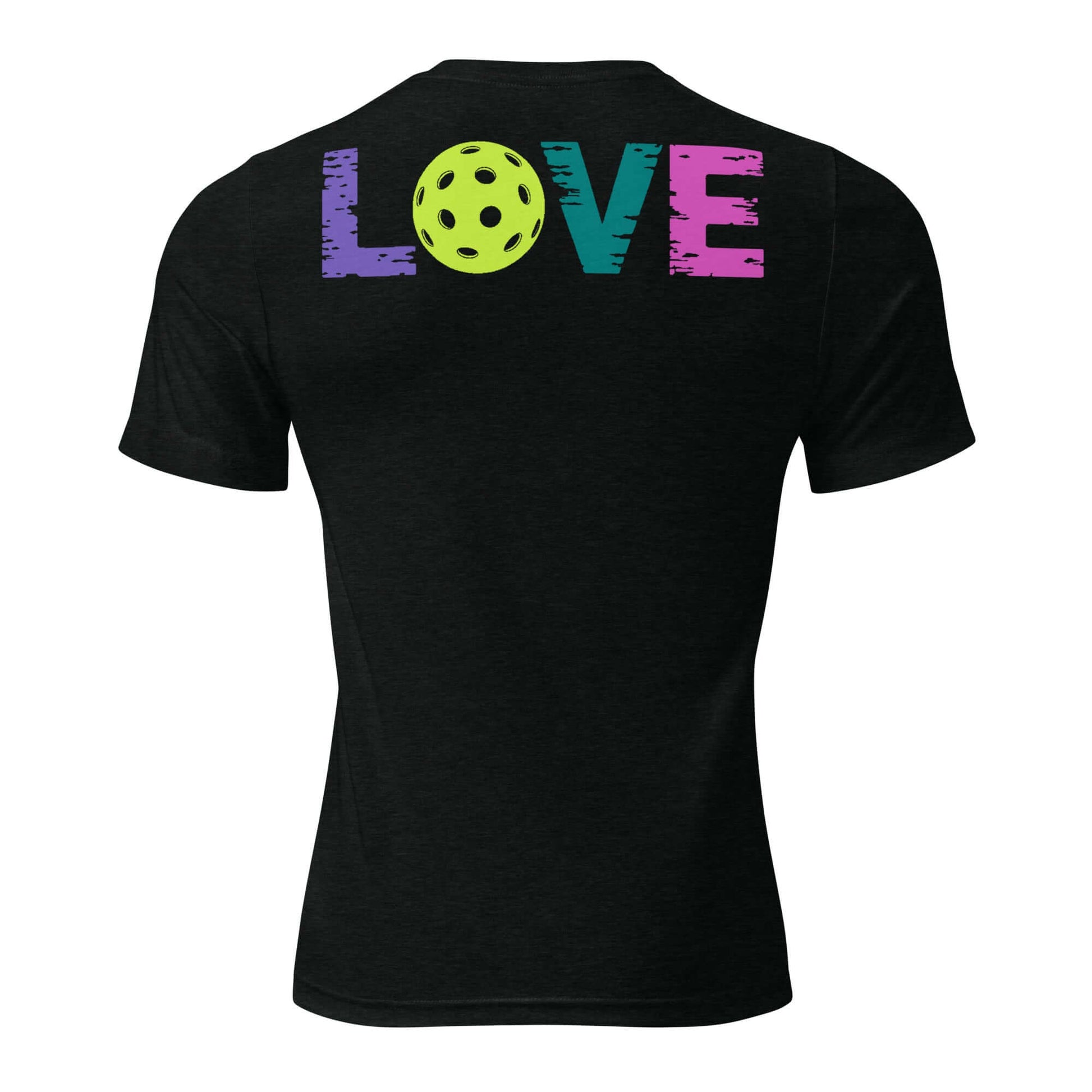 Back view of Women's LOVE Pickleball Short Sleeve Shirt with colorful lettering and pickleball graphic.