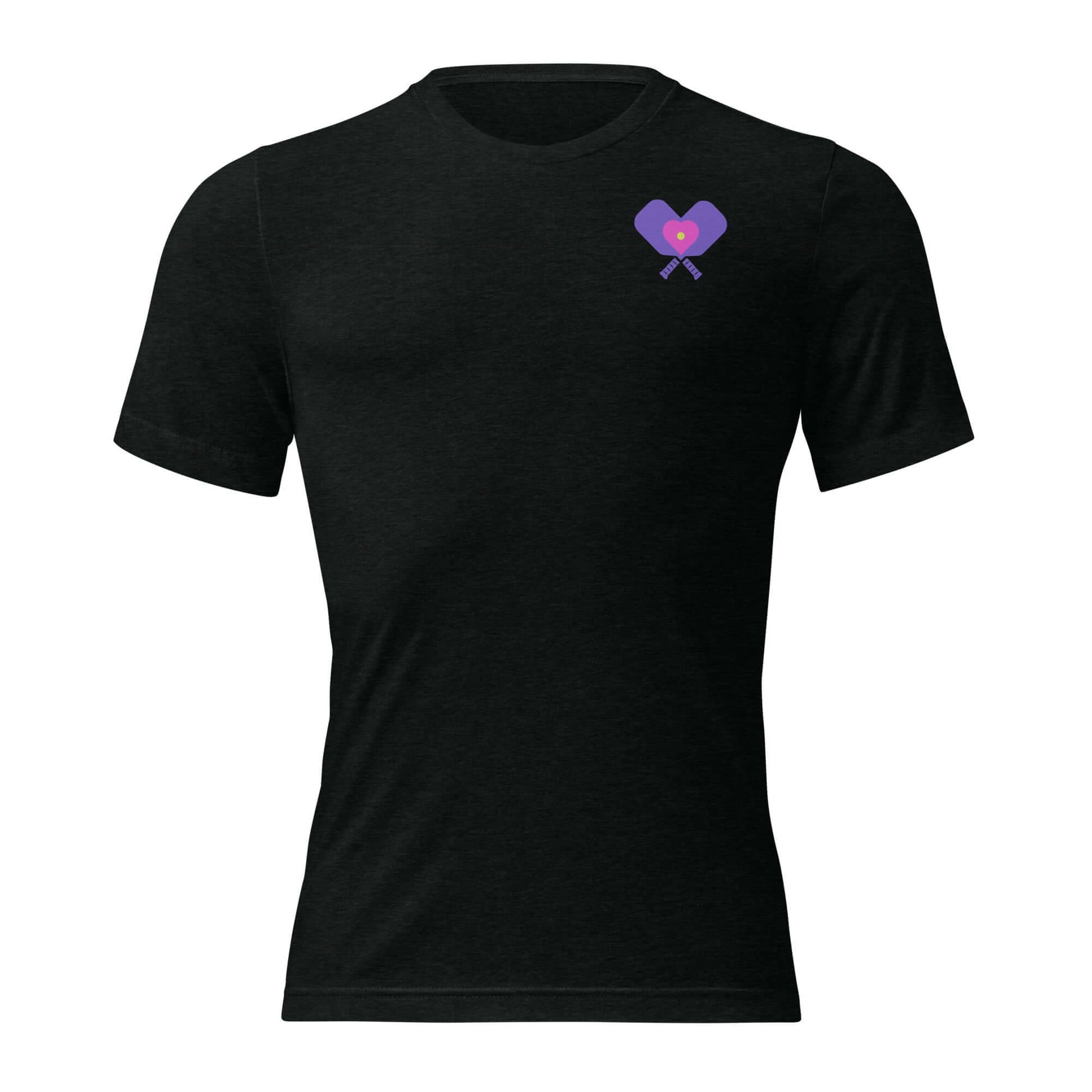 Black short sleeve shirt featuring a purple heart and pickleball paddles design, perfect for pickleball lovers.