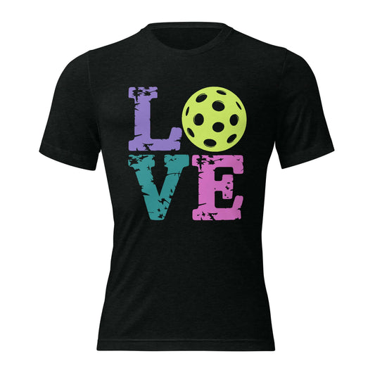 Women’s LOVE Pickleball Short Sleeve Shirt featuring colorful letters and a pickleball graphic.