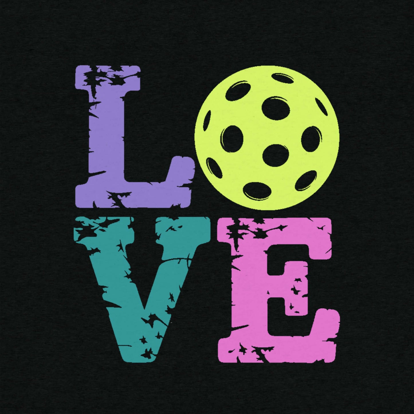 Colorful LOVE design with a pickleball graphic, perfect for pickleball enthusiasts.