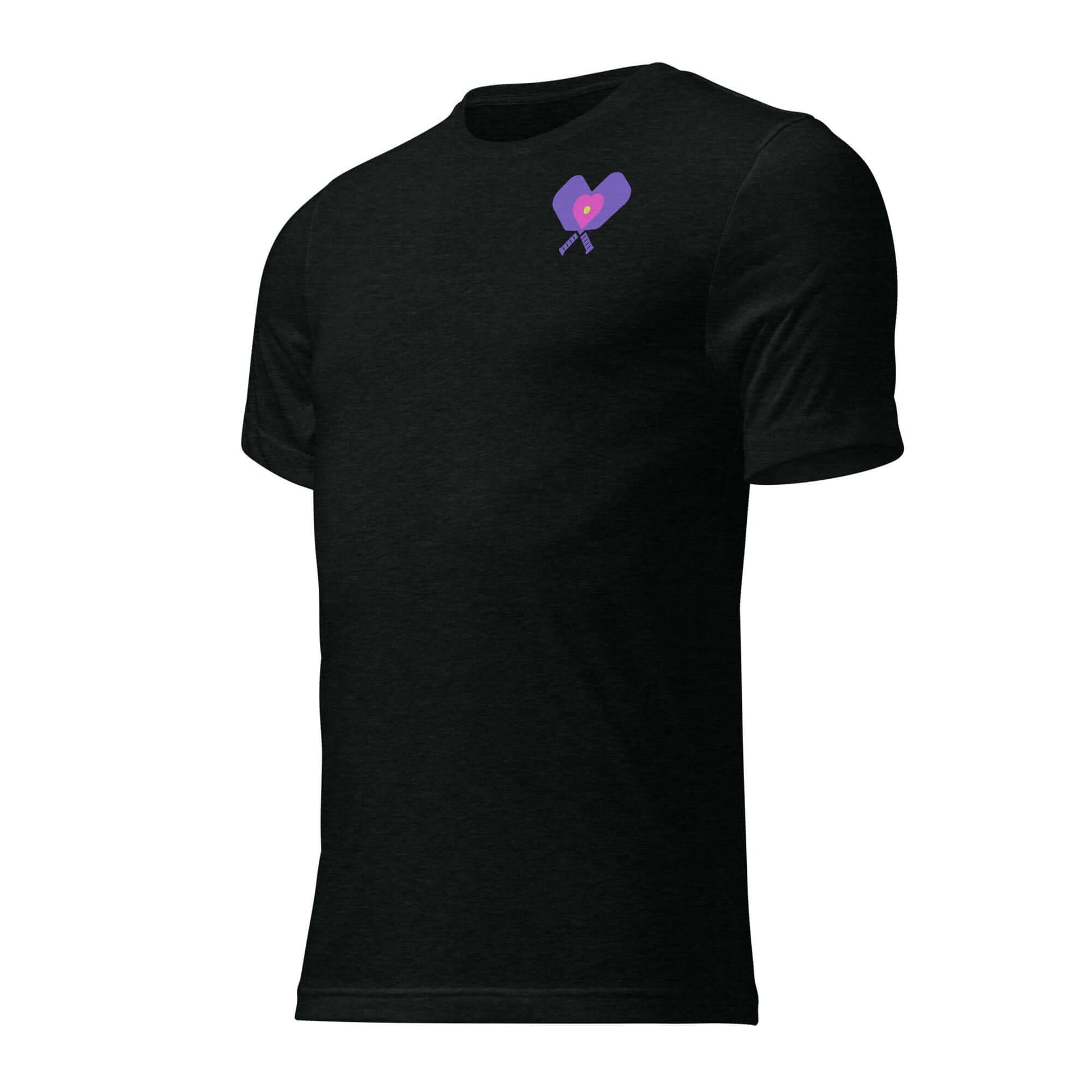 Women's black short sleeve shirt featuring a colorful LOVE pickleball graphic on the chest.