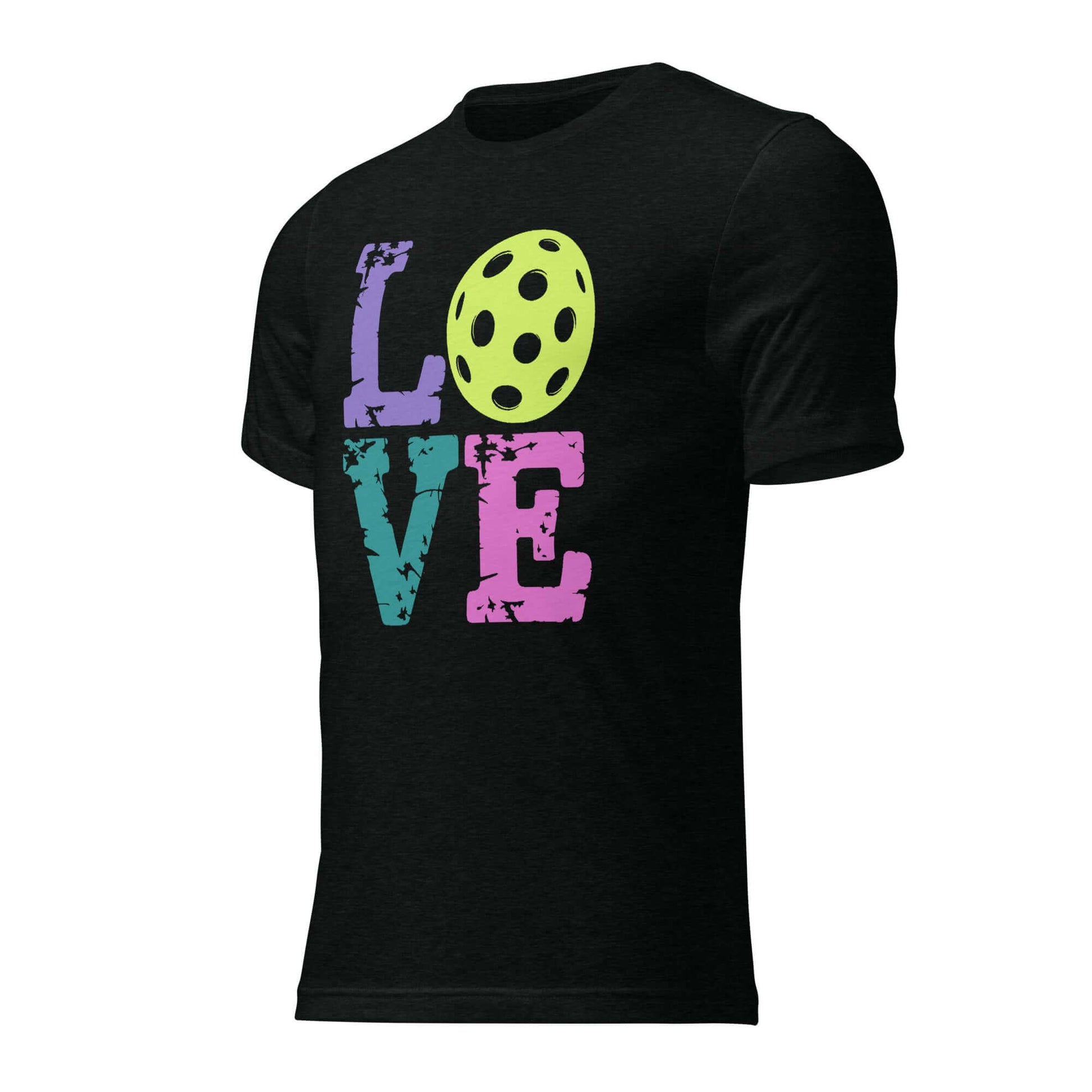 Black short sleeve shirt featuring colorful 'LOVE' text and a pickleball graphic, perfect for pickleball enthusiasts.