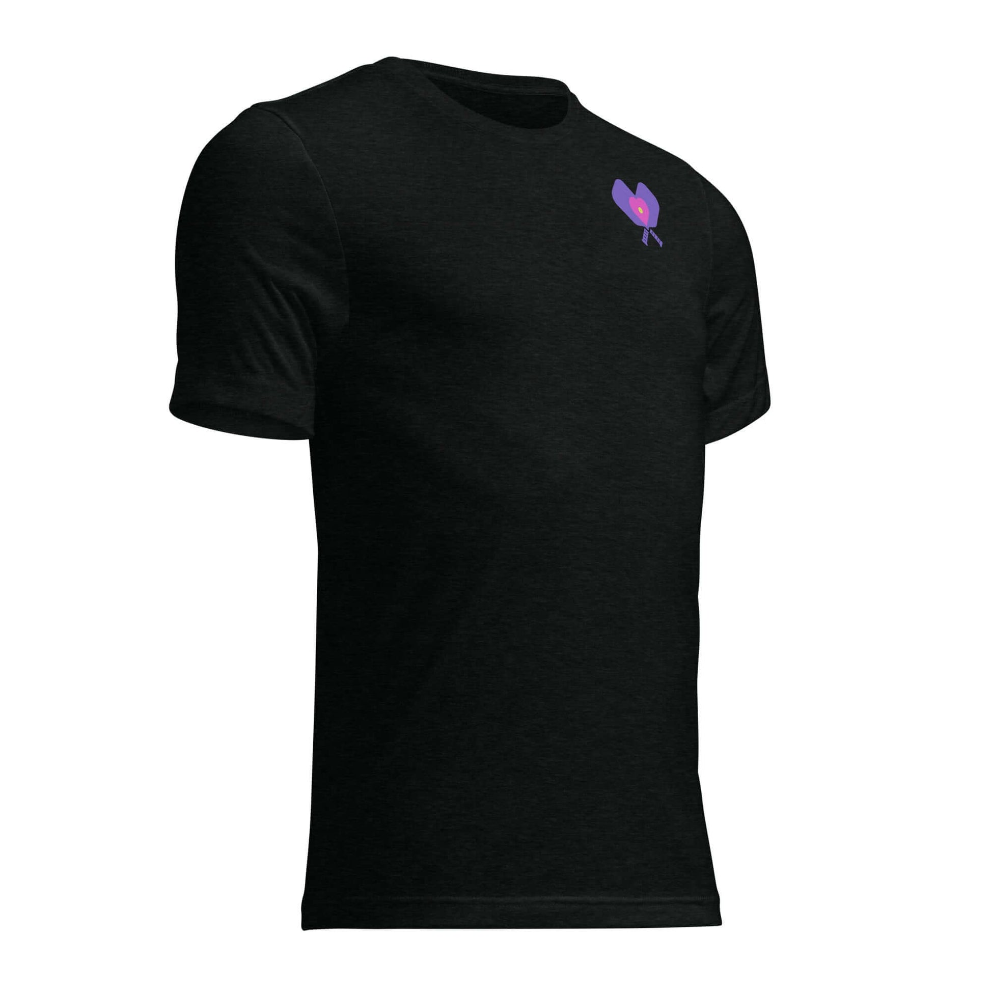 Black short sleeve shirt featuring a colorful pickleball graphic, perfect for sporty and casual wear.