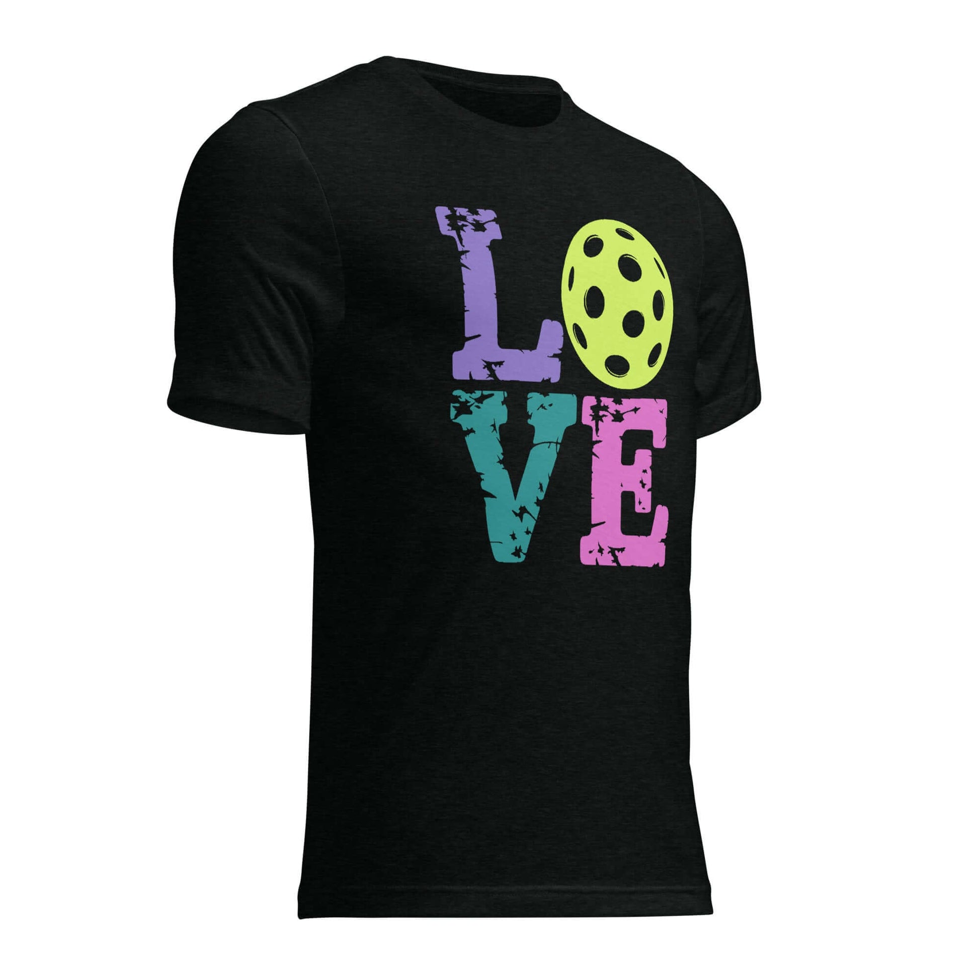 Women’s LOVE Pickleball Short Sleeve Shirt featuring colorful love text and a pickleball graphic.