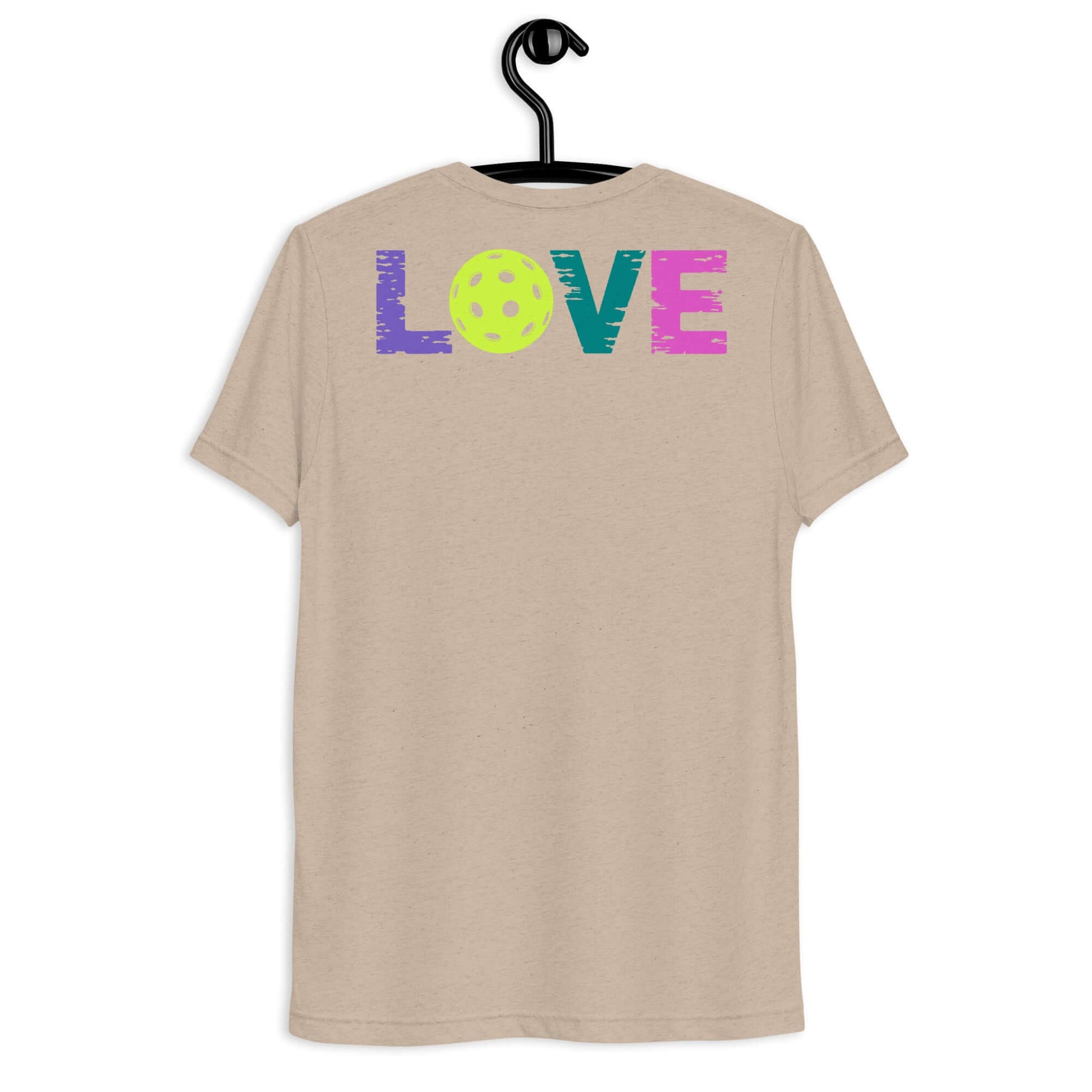 Back view of Women's LOVE Pickleball Short Sleeve Shirt in beige with colorful 'LOVE' design.