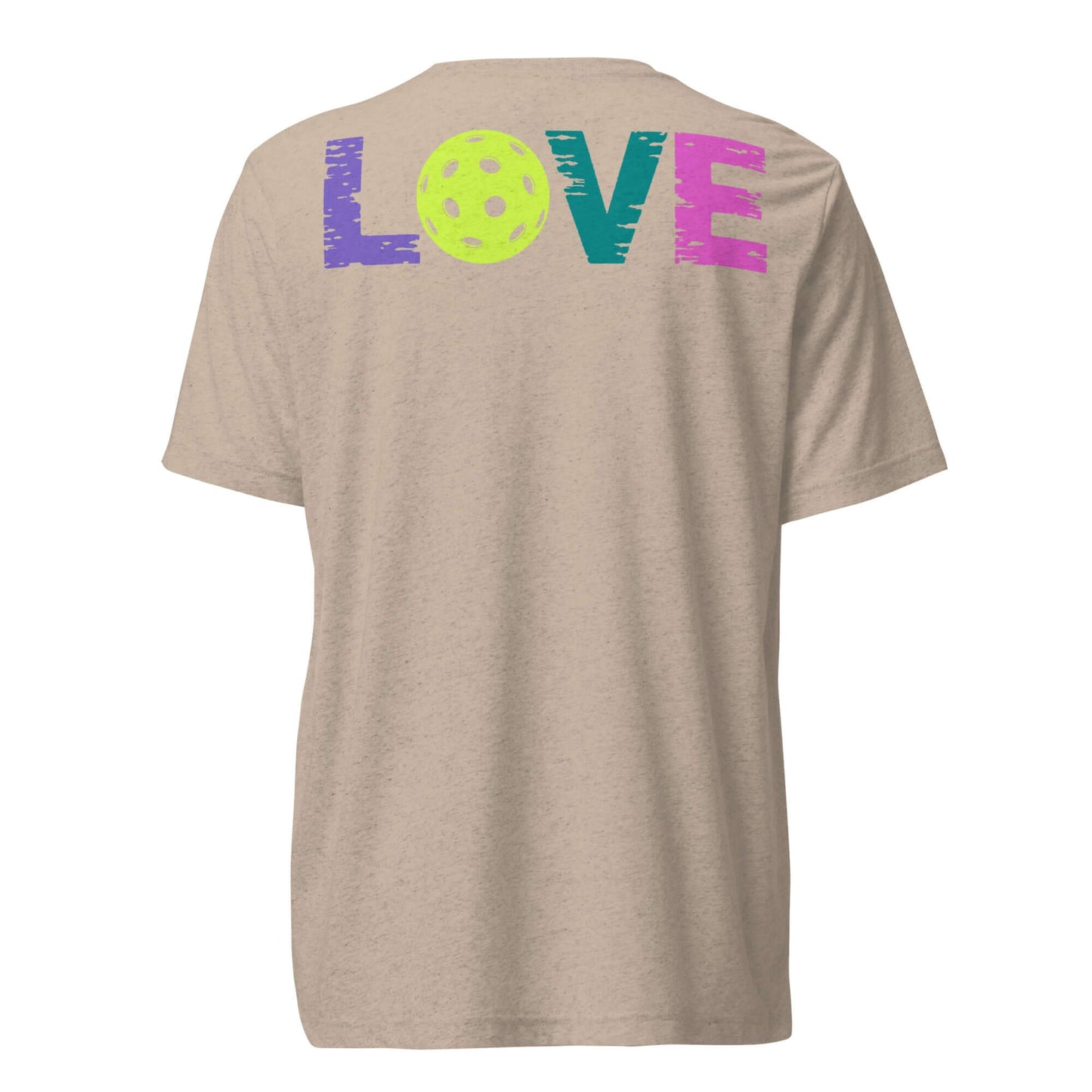 Back view of Women’s LOVE Pickleball Short Sleeve Shirt, featuring colorful 'LOVE' text and a pickleball design.