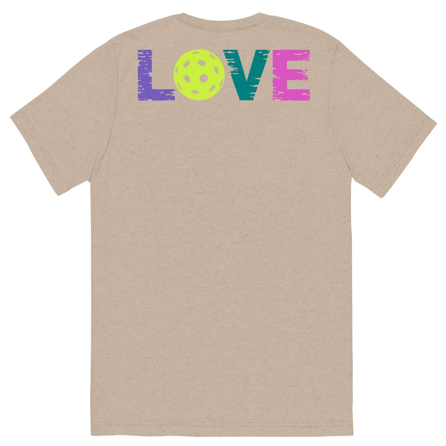 Women's beige short sleeve shirt featuring colorful 'LOVE' and pickleball graphic on the back.