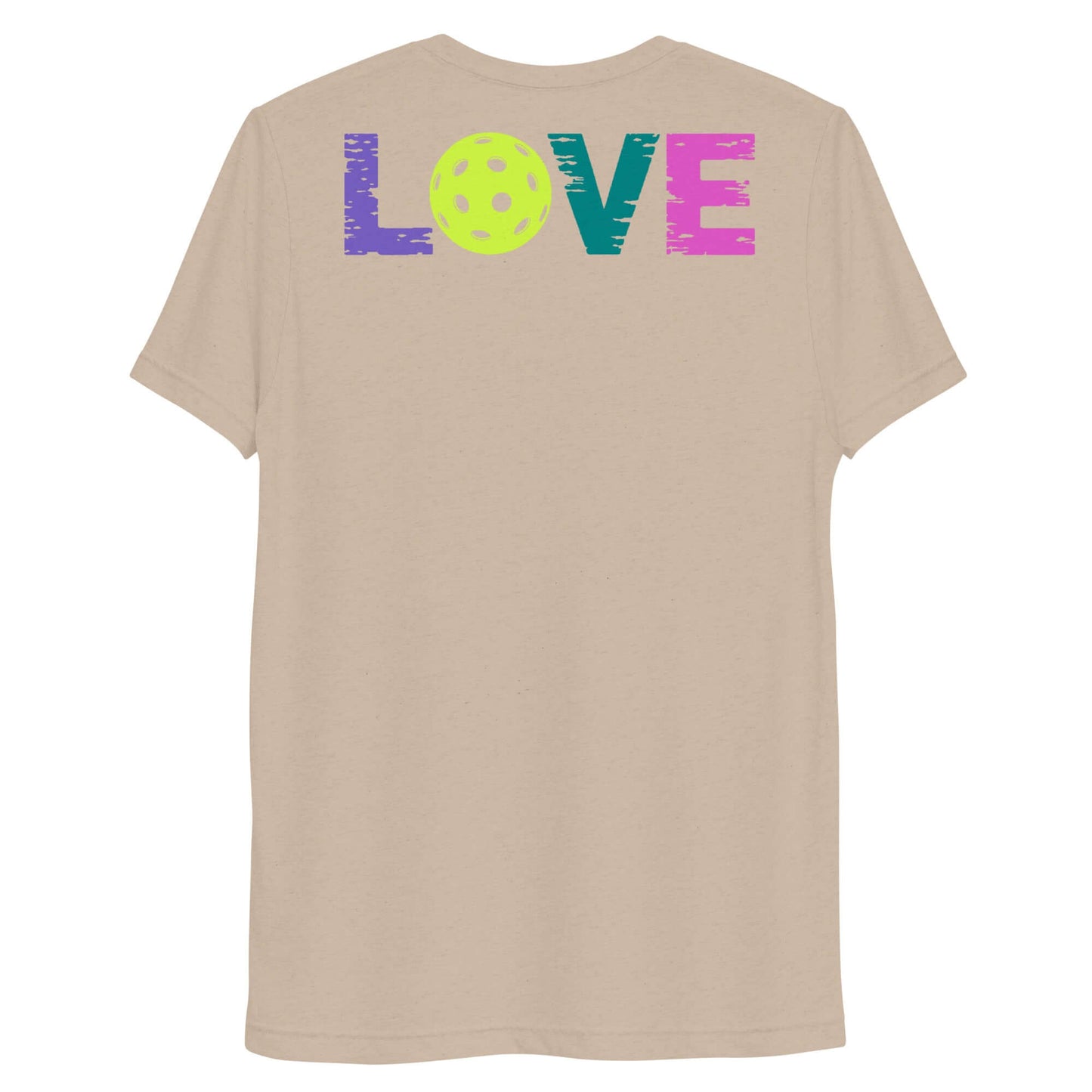 Back view of Women’s LOVE Pickleball Short Sleeve Shirt, featuring colorful 'LOVE' and a pickleball graphic.