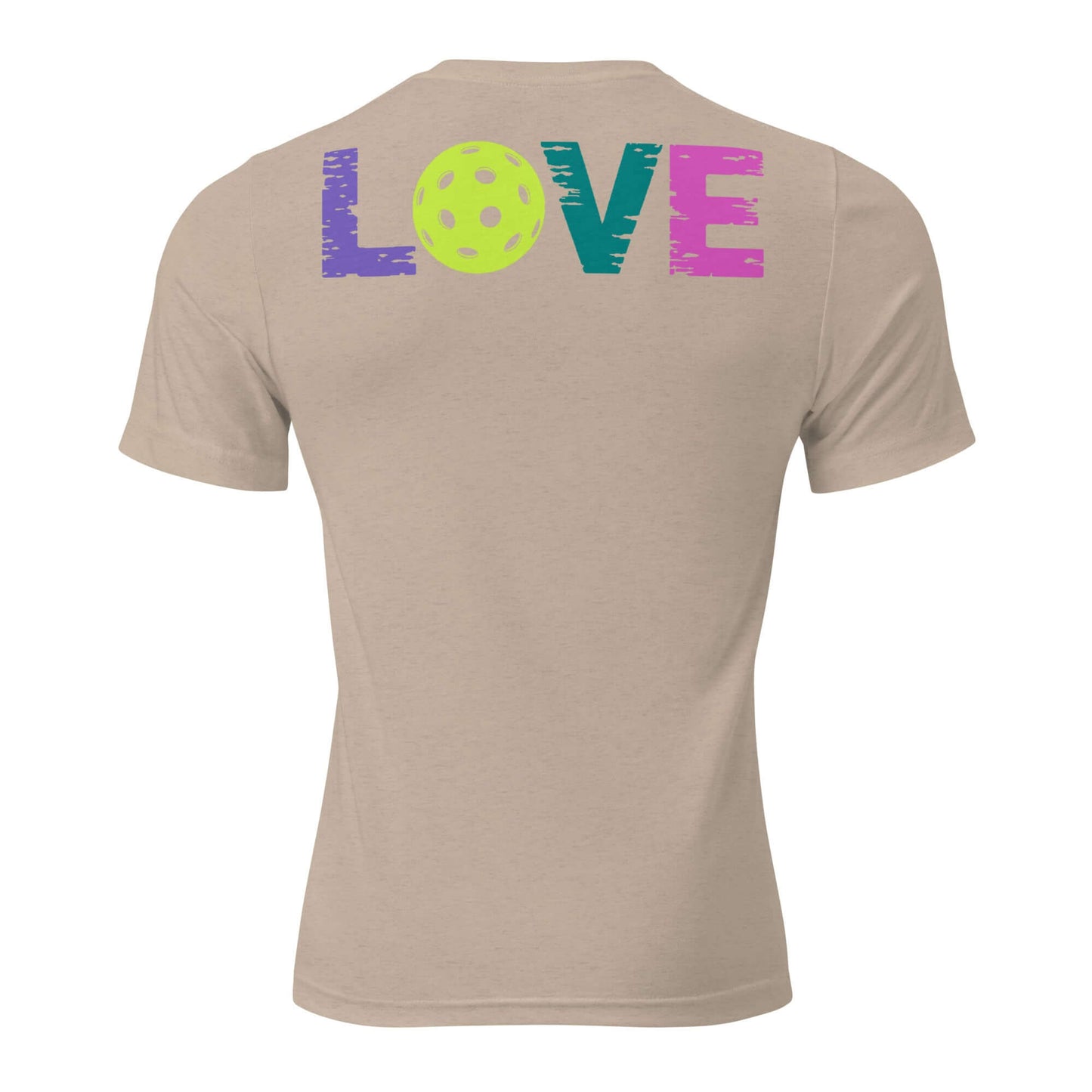 Back view of Women's LOVE Pickleball Short Sleeve Shirt featuring colorful 'LOVE' and a pickleball graphic.