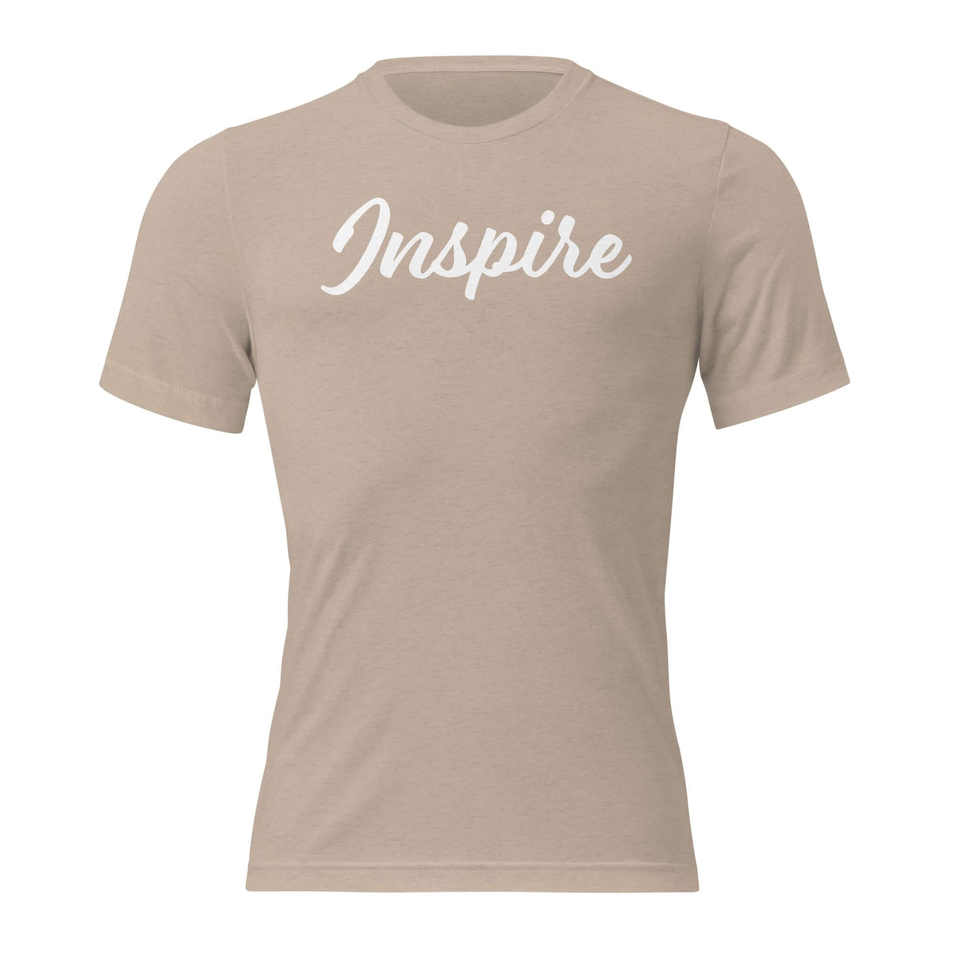 Women's beige 'Inspire' script t-shirt showcasing positivity and purpose.