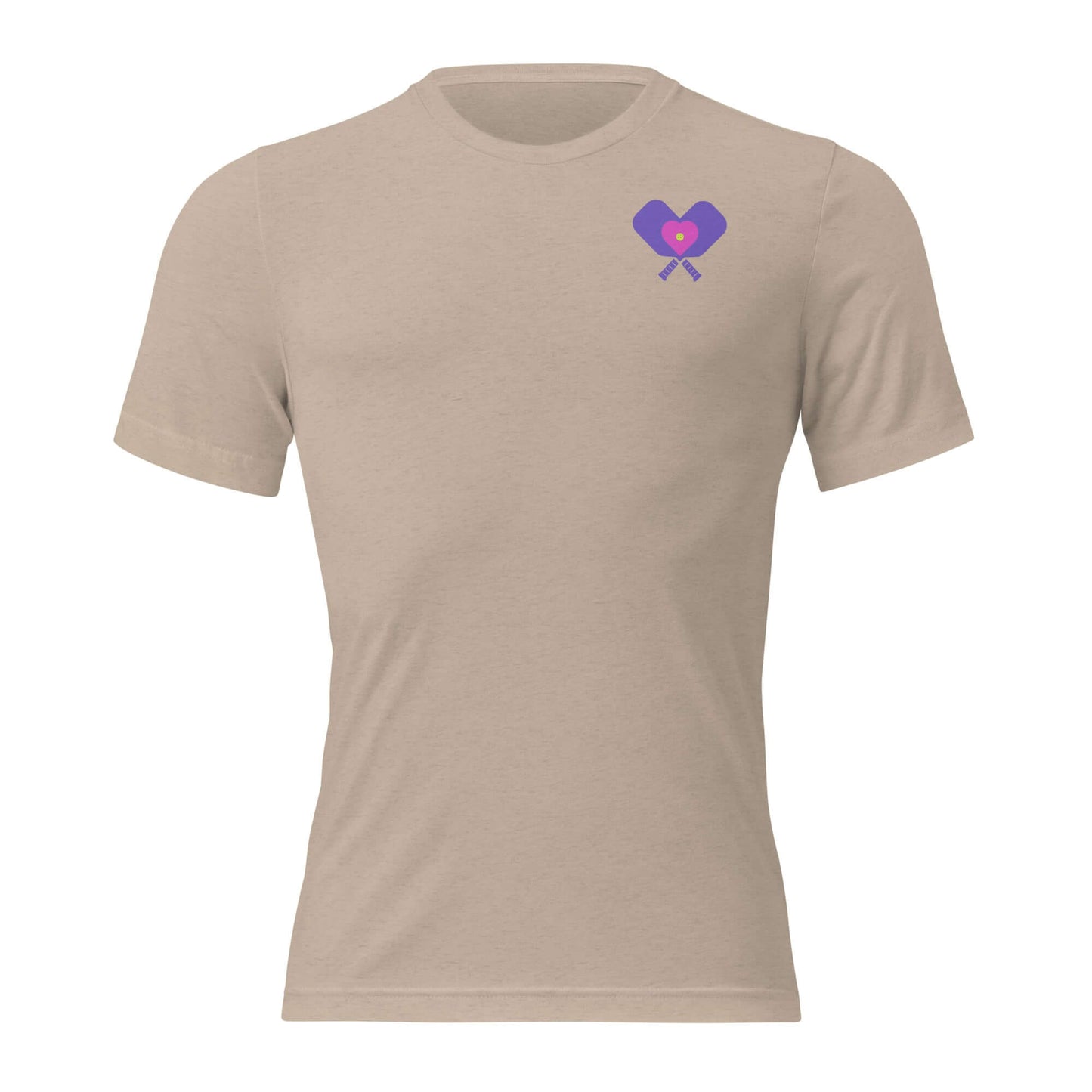 Women’s LOVE Pickleball Short Sleeve Shirt in beige with heart design and paddles logo.