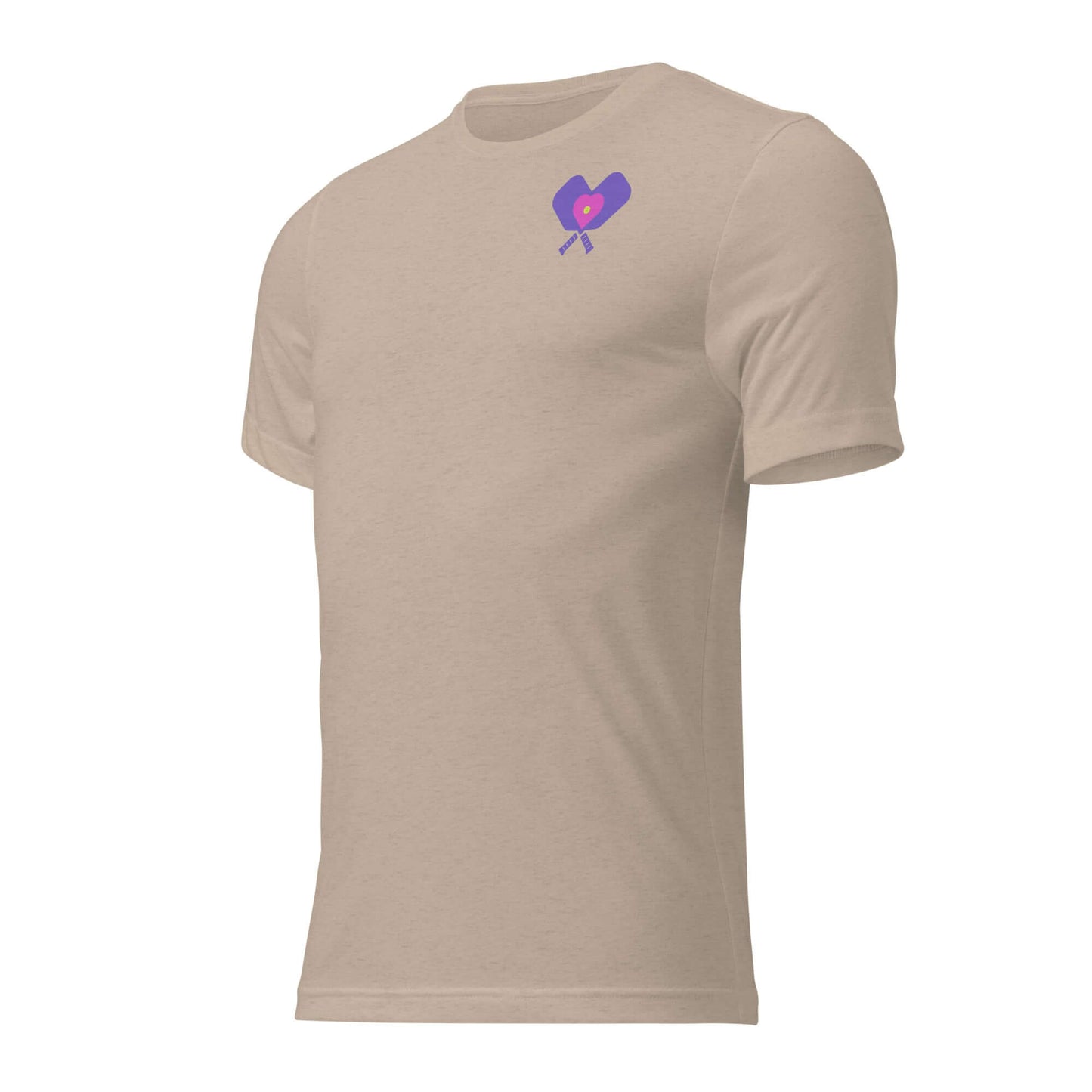 Women’s LOVE Pickleball Short Sleeve Shirt in beige with heart and paddle graphic.