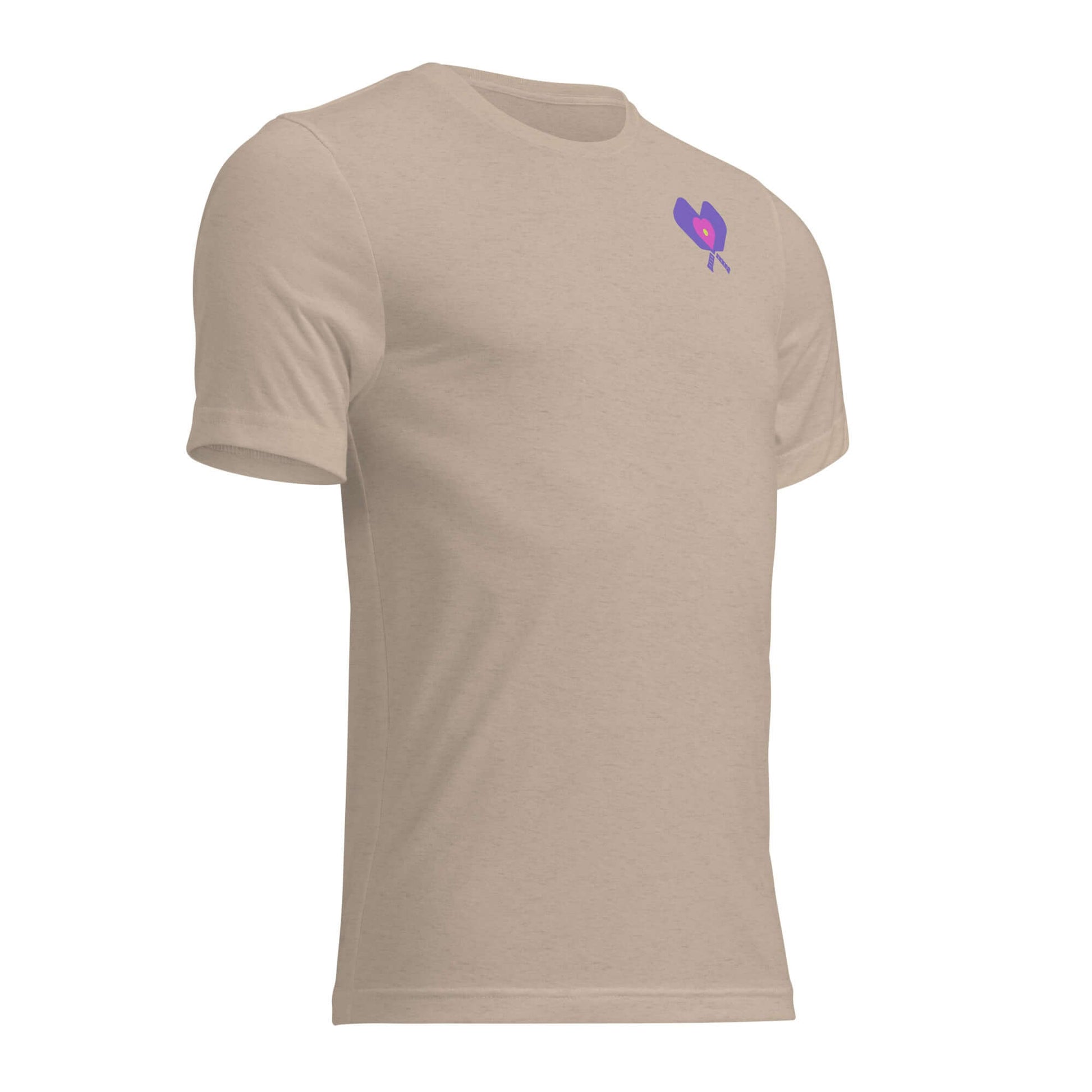 Women's LOVE Pickleball Short Sleeve Shirt in beige with purple heart logo, perfect for sporty style and comfort.