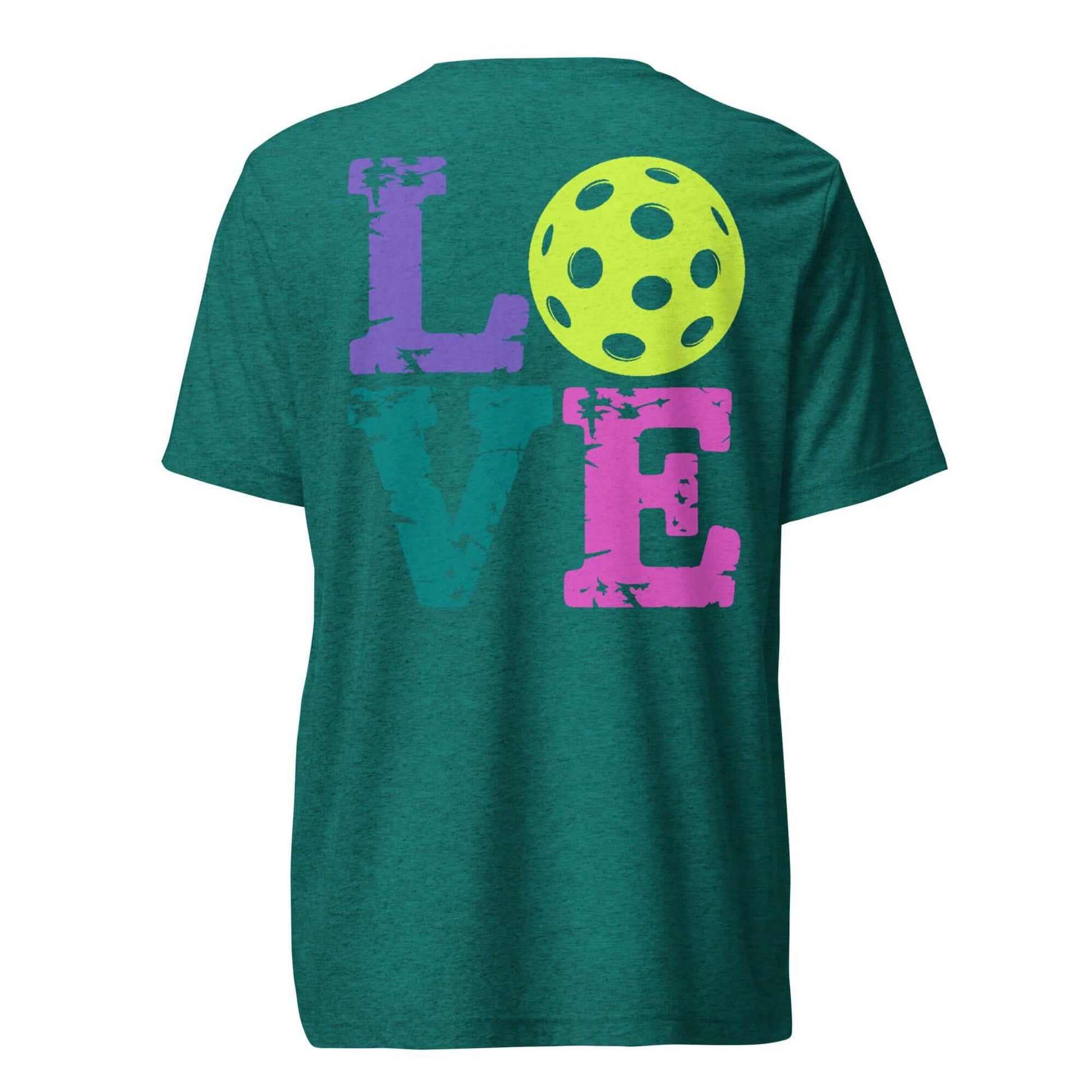 Back view of Women's LOVE Pickleball shirt featuring colorful 'LOVE' letters and a yellow pickleball graphic.