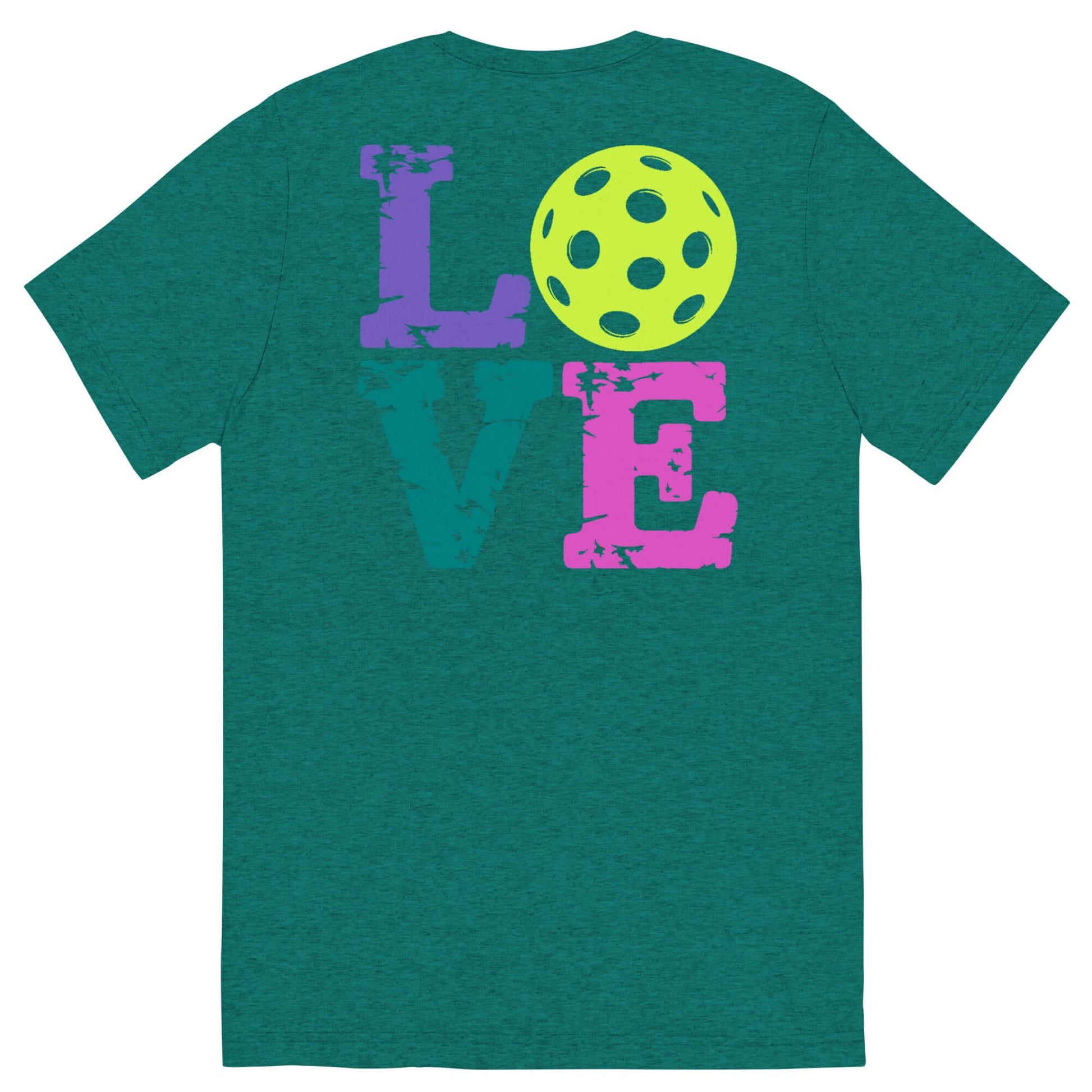 Women’s LOVE Pickleball Short Sleeve Shirt with colorful text and pickleball graphic on a teal background.