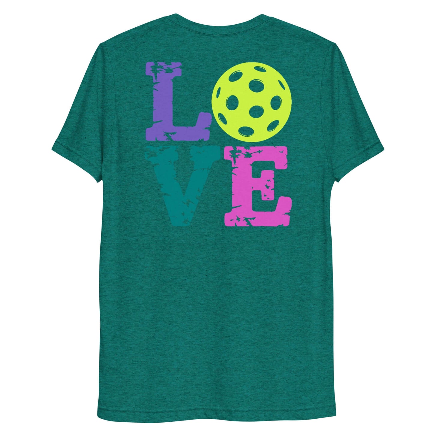 Back of Women’s LOVE Pickleball Short Sleeve Shirt with colorful lettering and a pickleball design.