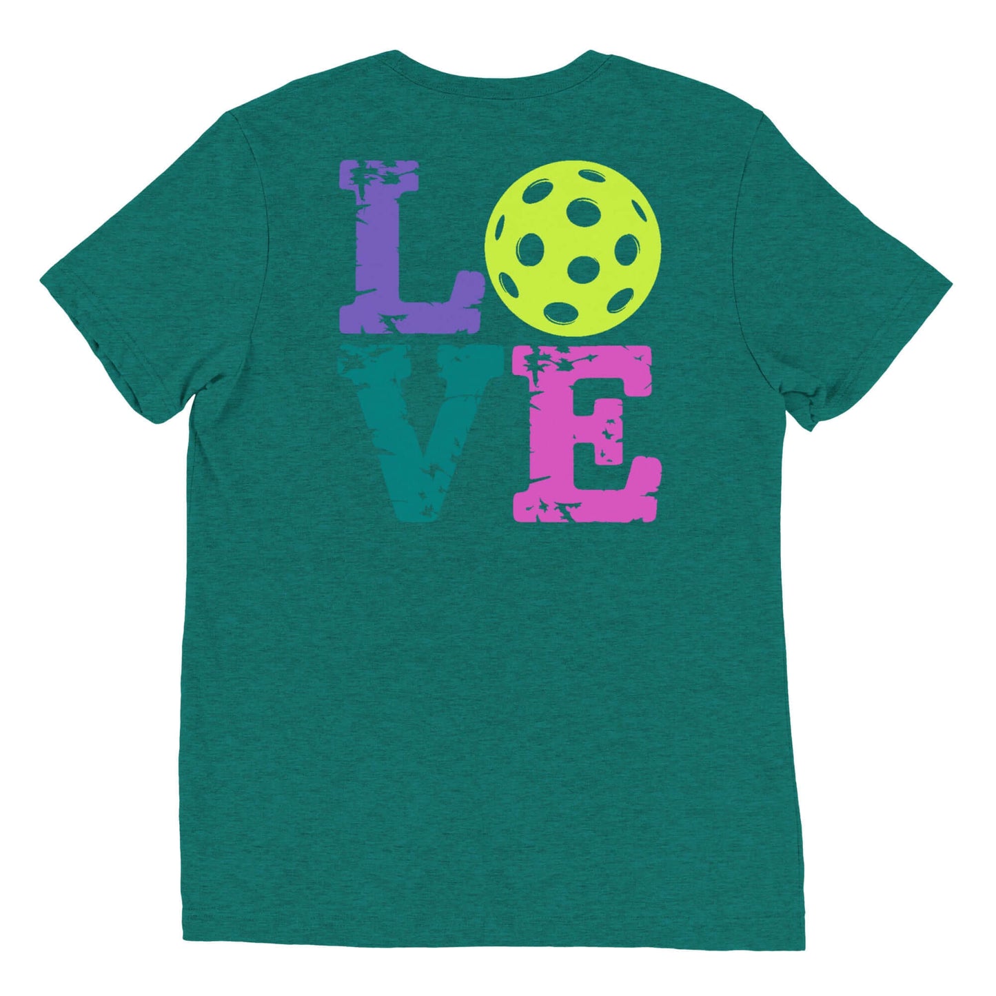 Women’s LOVE Pickleball Short Sleeve Shirt featuring colorful design and pickleball graphic on back.